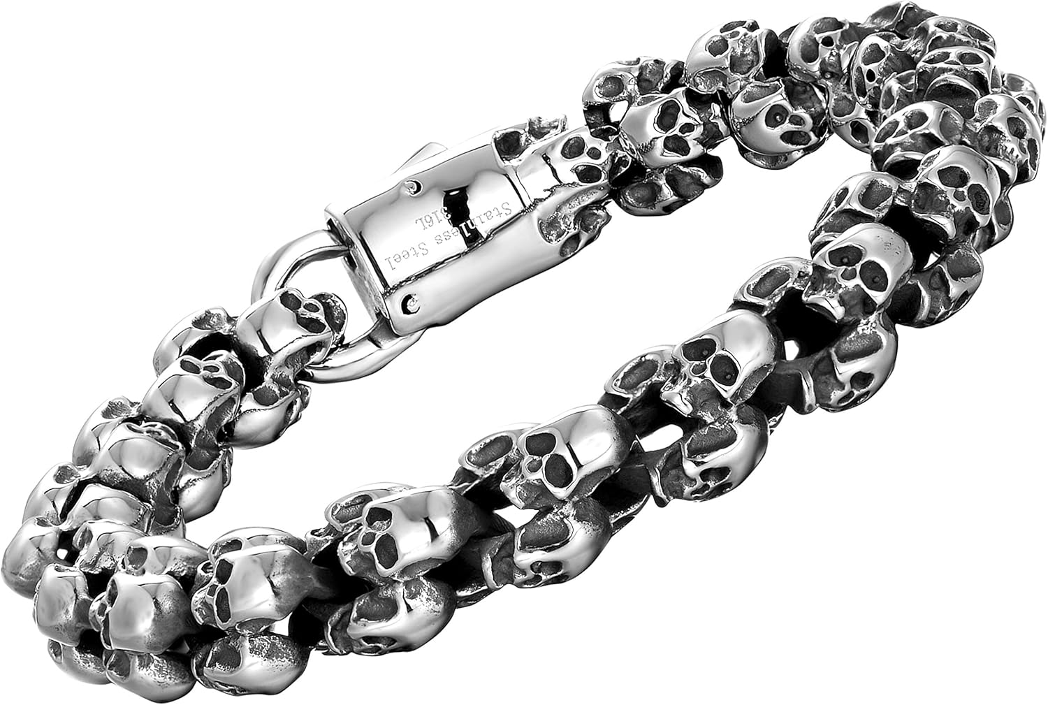 Bold Men’s Biker Bracelet – Double Link Chains Embellished with Rows of Death’s Skull in a Polished Silver Finish – Made of Rust & Discoloration Resistant Stainless Steel – Jewelry Gift for Men