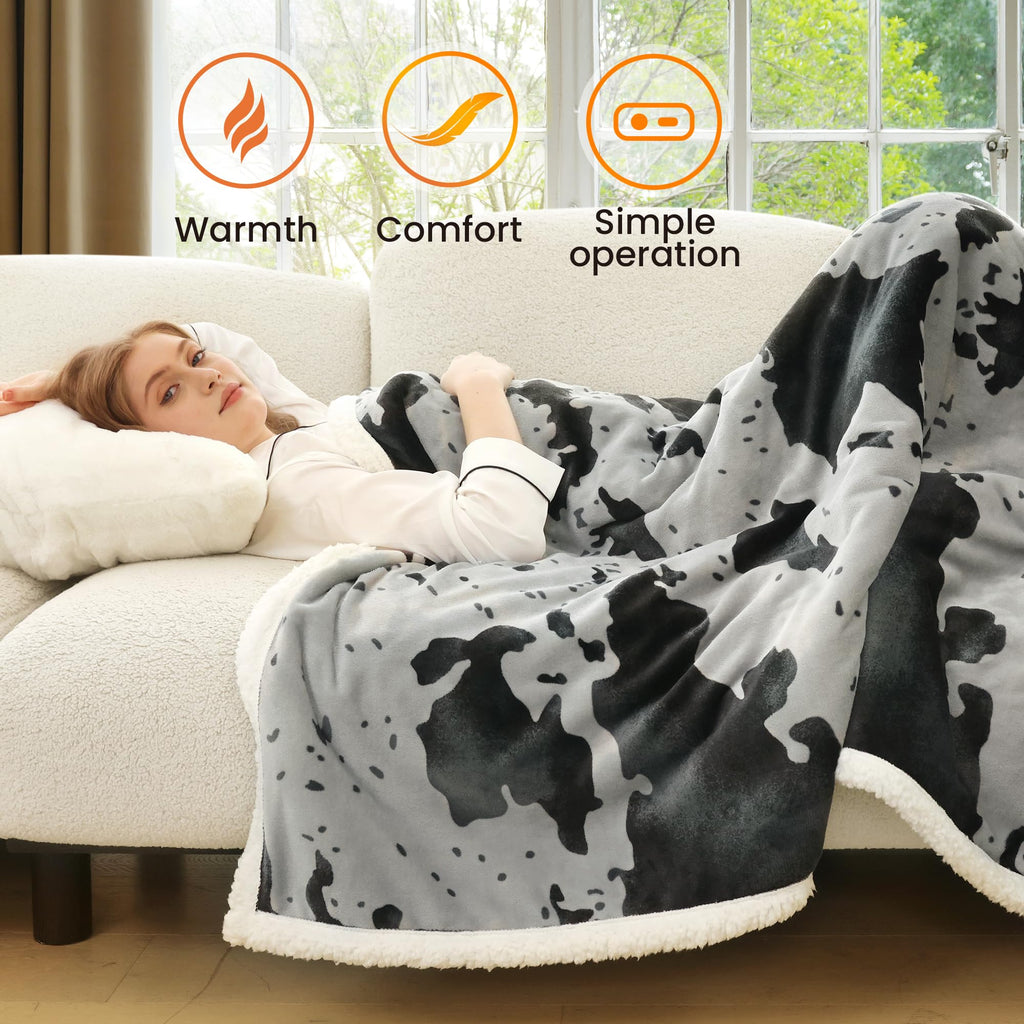 Heated Throw Blanket Electric Blanket - Heating Blanket Throw with 5 Heat Levels & 4 Hours Auto-Off, Cozy Soft Fleece Sherpa Blanket, Washable, Fast Heating, 50 x 60 Inches, Cow Print