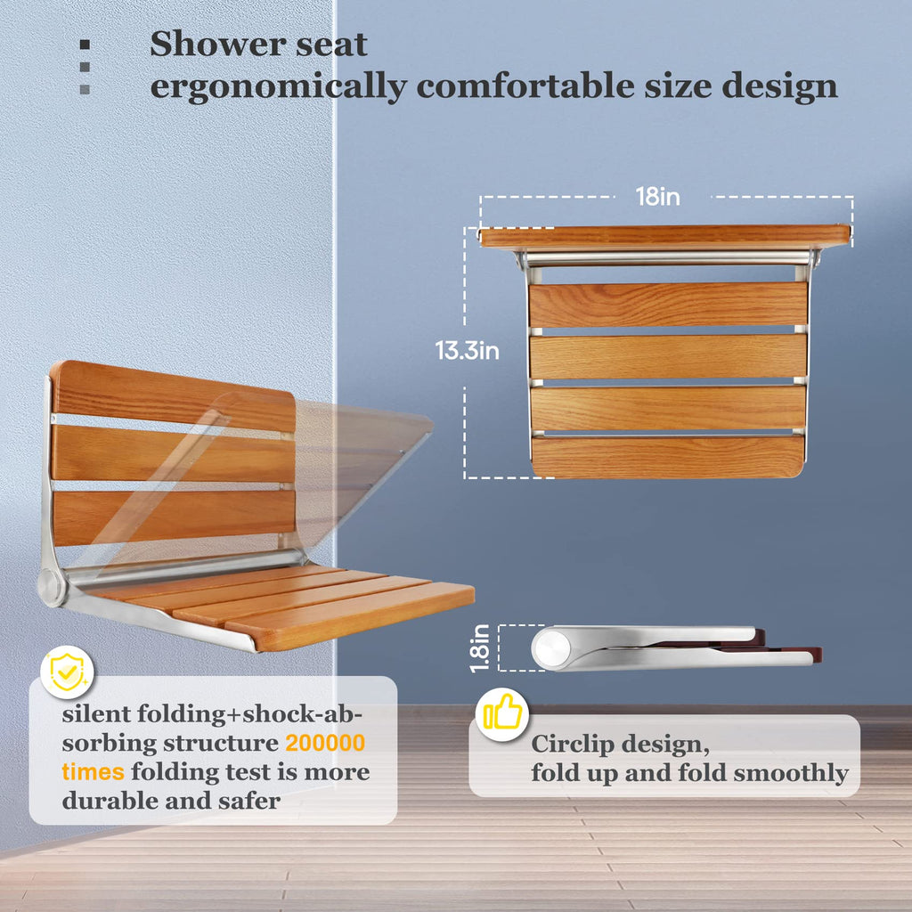 18 inch Teak Folding Shower Seat Wall Mounted, Foldable Shower Bench, 400lbs Max Load, Space-Saving Fold Down Design for Seniors, Elderly & Small Shower Spaces