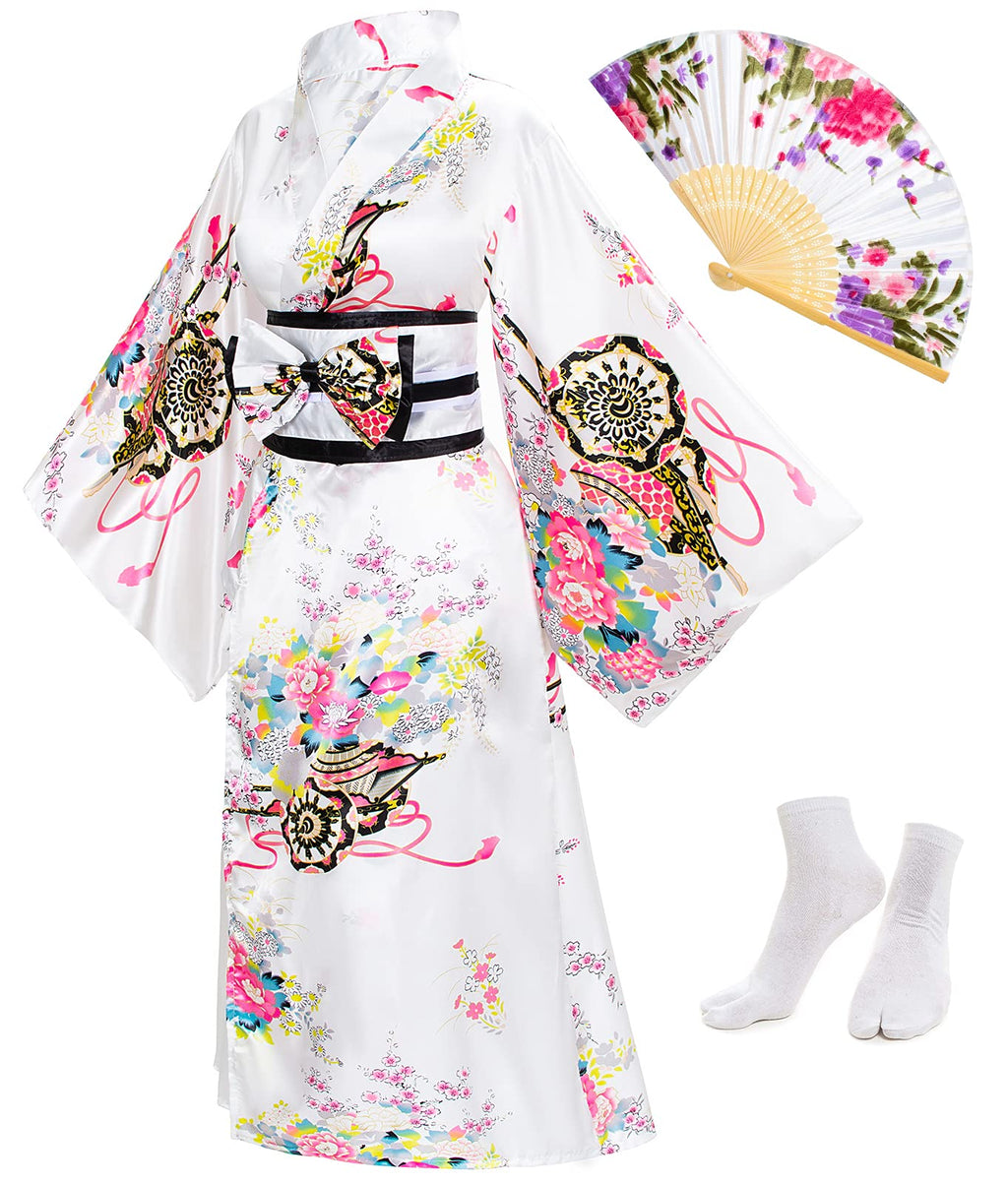 Japanese Anime Women's Kimono Robe Geisha Yukata Sweet Dress Blossom Satin Bathrobe Sleepwear Fans Tabi Socks Set