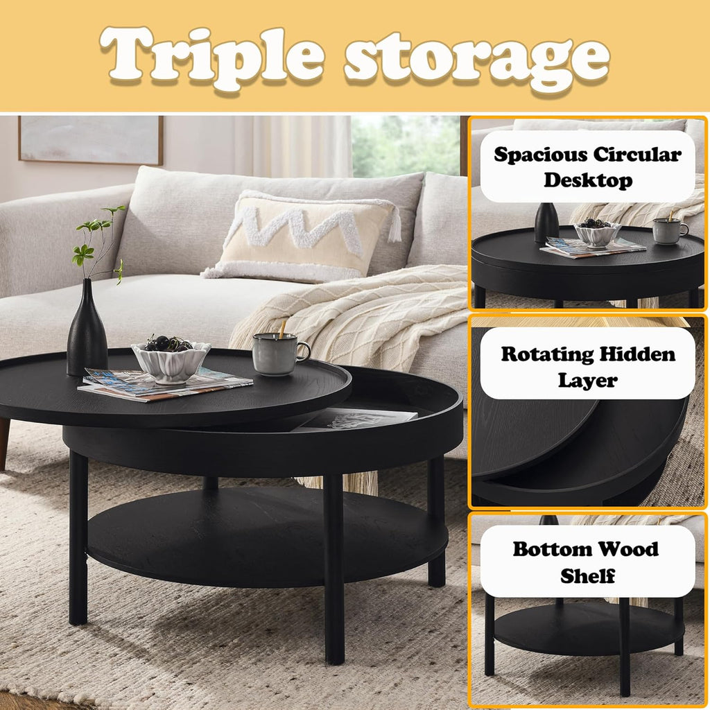 Circular Coffee Table, Living Room Table with 3-Layer 31.5 Inch Storage Rotating Tabletop, 3-Layer Tea Table Made Entirely of Rubber Wood and MDF Board (Black, 31.5"x31.5"x17.75)