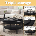 Circular Coffee Table, Living Room Table with 3-Layer 31.5 Inch Storage Rotating Tabletop, 3-Layer Tea Table Made Entirely of Rubber Wood and MDF Board (Black, 31.5"x31.5"x17.75)