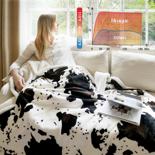 Heated Throw Blanket Electric Blanket - Heating Blanket Throw with 5 Heat Levels & 4 Hours Auto-Off, Cozy Soft Fleece Sherpa Blanket, Washable, Fast Heating, 50 x 60 Inches, Cow Print