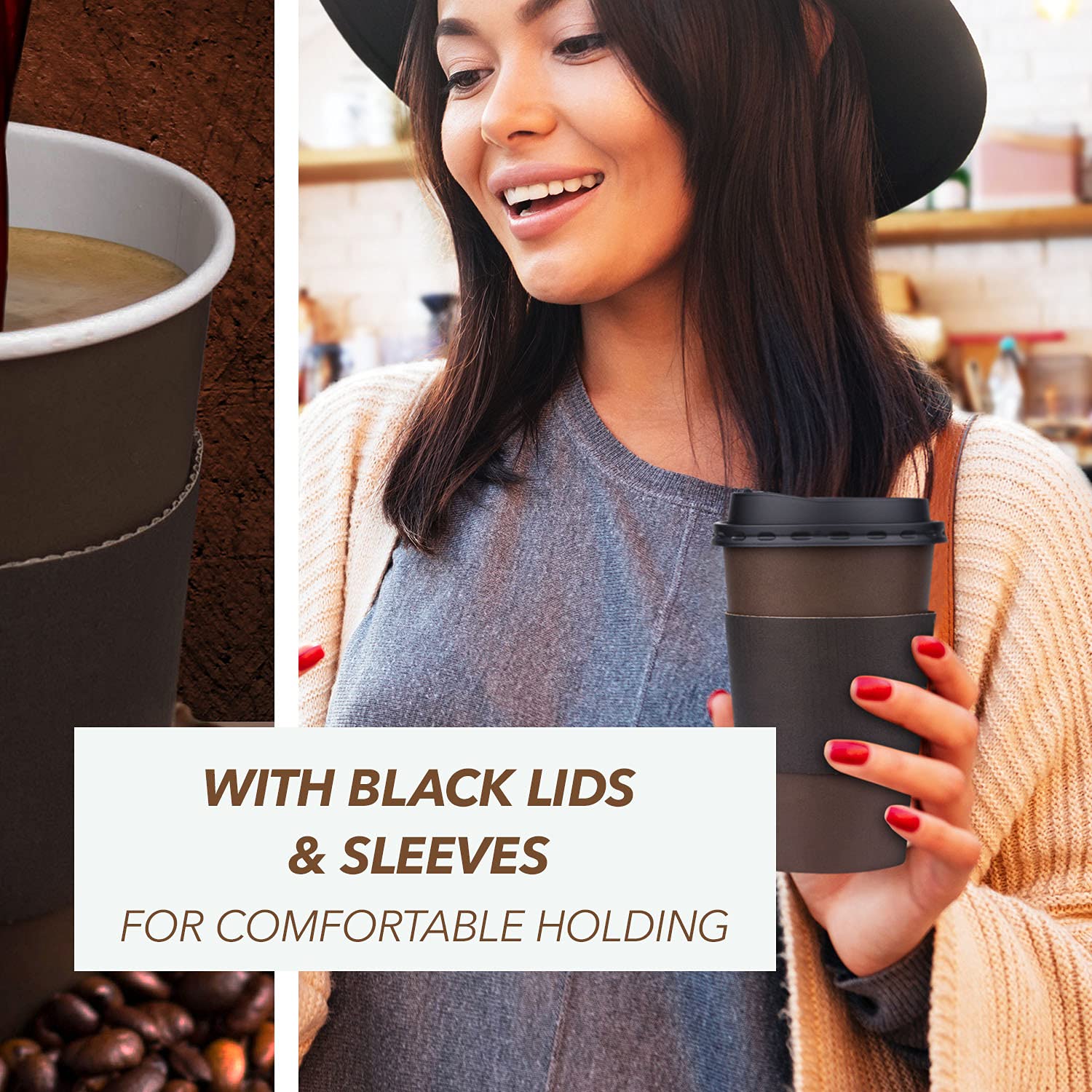 Promora 12 oz Brown Disposable Coffee Cups with Lids & Sleeves, Hot Coffee Cup Sleeves Disposable, Premium Insulated To Go Coffee Paper Cups with Lids & Sleeves (12 oz, Pack of 80) Brown and Black