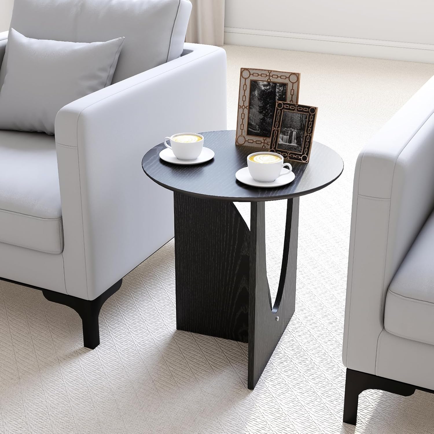 Round Black Side Table, Unique End Table and Small Coffee Table for Living Room, Balcony Room