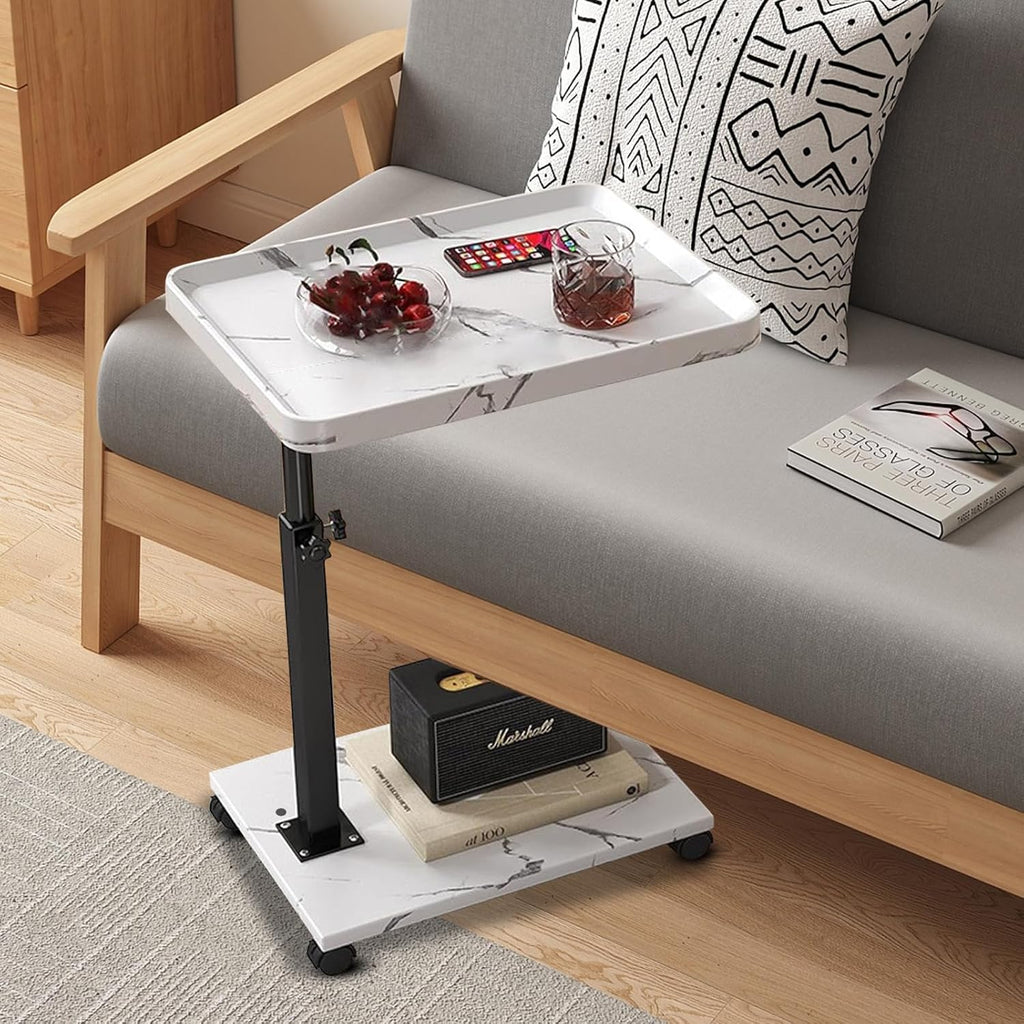 TV Tray Table,360° Swivel Height Adjustable TV Tray for Drink&Snack,Couch Tables That Slide Under,C Shaped End Table with Wheels,Small C Shaped Side Table Living Room&Bedroom-Square White