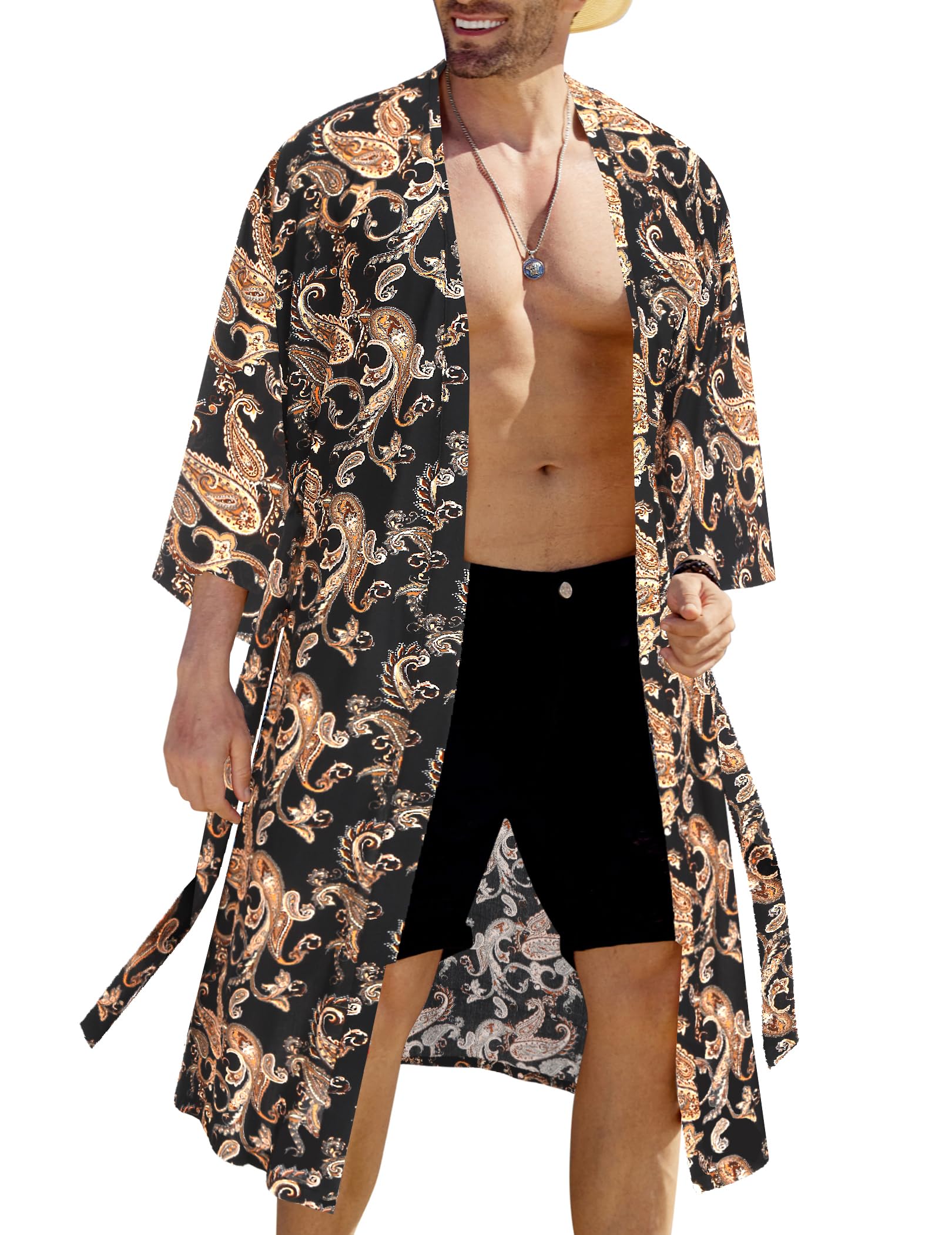 COOFANDY Men's Lightweight Kimono Robe Japanese Bathrobes Open Front Long Cardigan Cloak with Belt