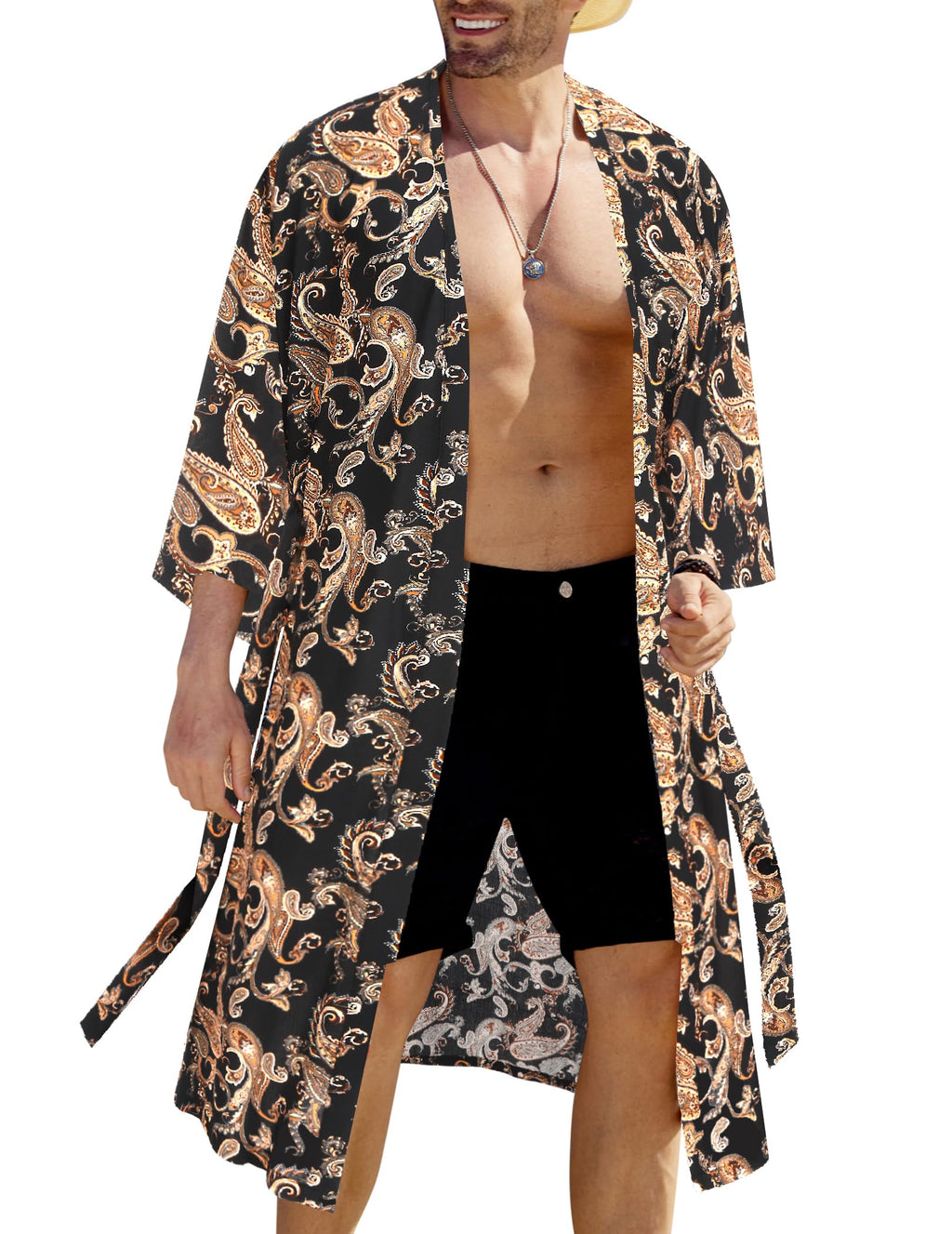 COOFANDY Men's Lightweight Kimono Robe Japanese Bathrobes Open Front Long Cardigan Cloak with Belt