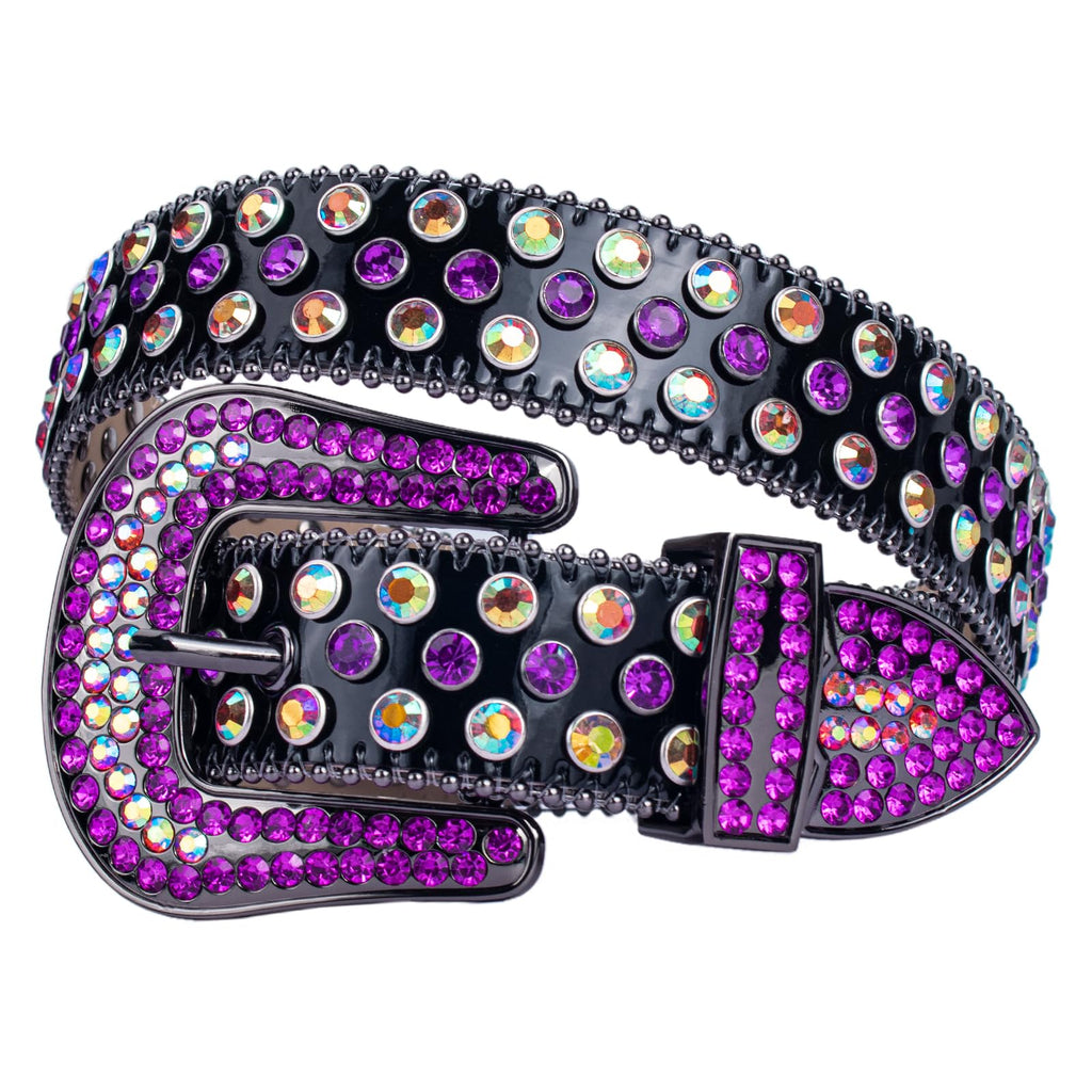 TINIDI Luxury Strap Men Women Rhinestones Belt Western Bling Bling Crystal Diamond Studded Belts(Black Purple, Fit Waist 30-32 inches)