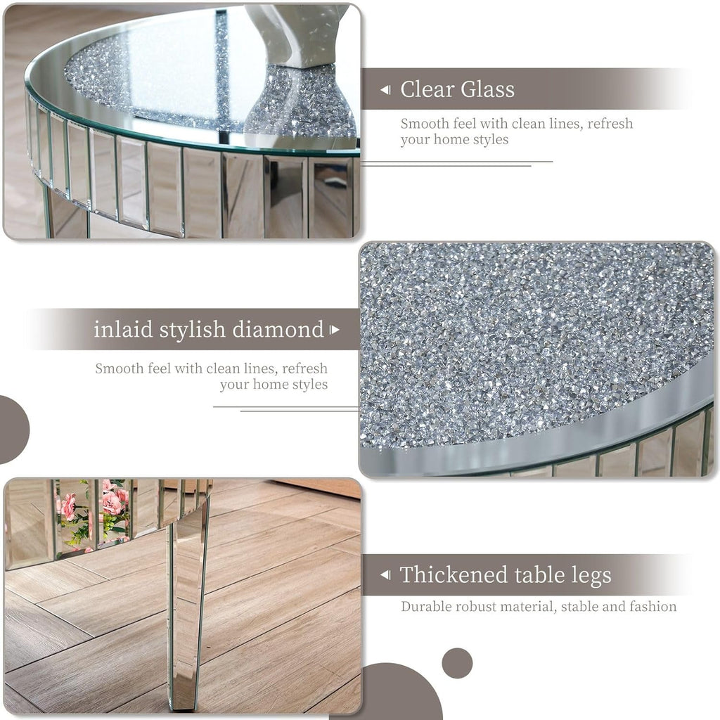 Round Mirrored Coffee Table: 31.5 inches Large Decorative Bling Crushed Diamond Tabletop with Silver Mirror Crystal Edge Frame and Legs Luxury Modern Home Decor for Livingroom