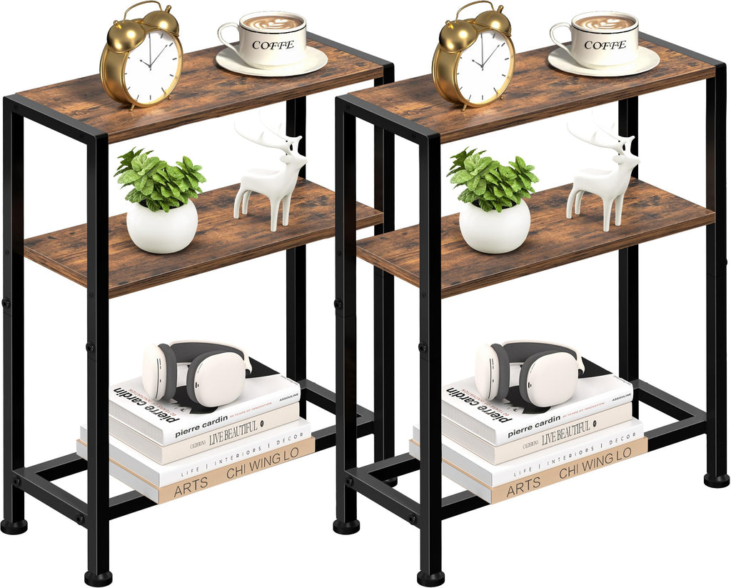 Narrow Side Table for Small Space, 2-Tier Small End Table with Shelf Holder, Slim Nightstand, Skinny Snack Couch Table in Living Room, Bedroom, Study, Kitchen and Balcony (Rustic Brown &Black)