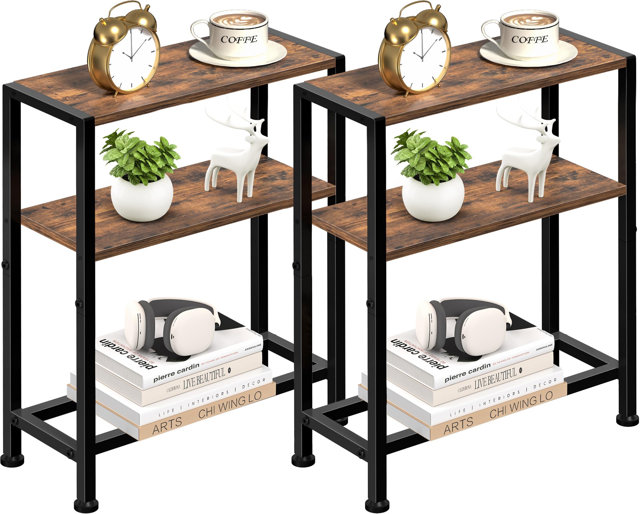 Narrow Side Table for Small Space, 2-Tier Small End Table with Shelf Holder, Slim Nightstand, Skinny Snack Couch Table in Living Room, Bedroom, Study, Kitchen and Balcony (Rustic Brown &Black)