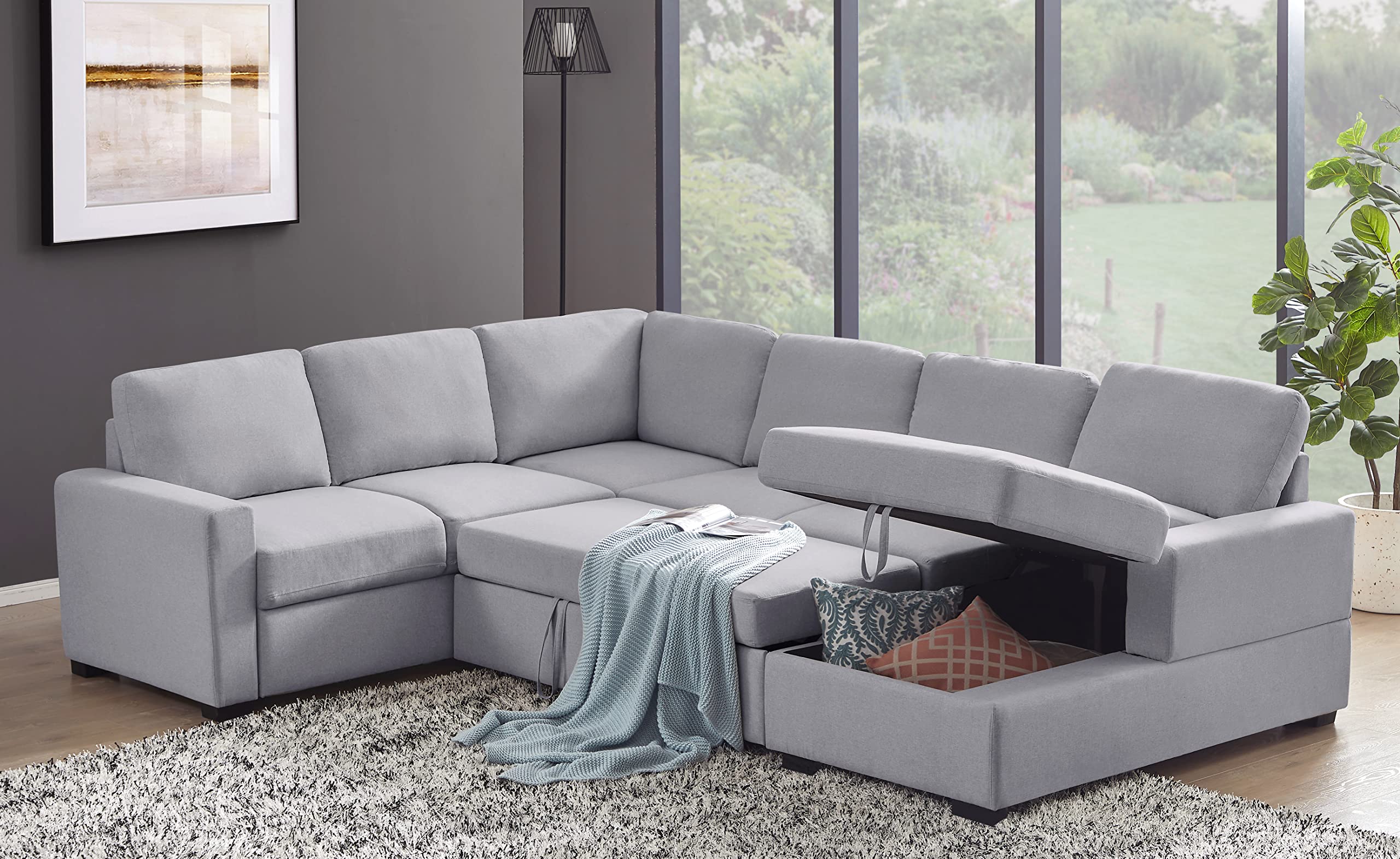 Oversized U-Shaped Sleeper Sectional Sofa Modern Fluffy Corduroy Upholstered Corner Convertible Sofabed with Pull Out Sleeper Couch Bed ,Storage Left Chaise and Pillows for Living Room Furniture Sets