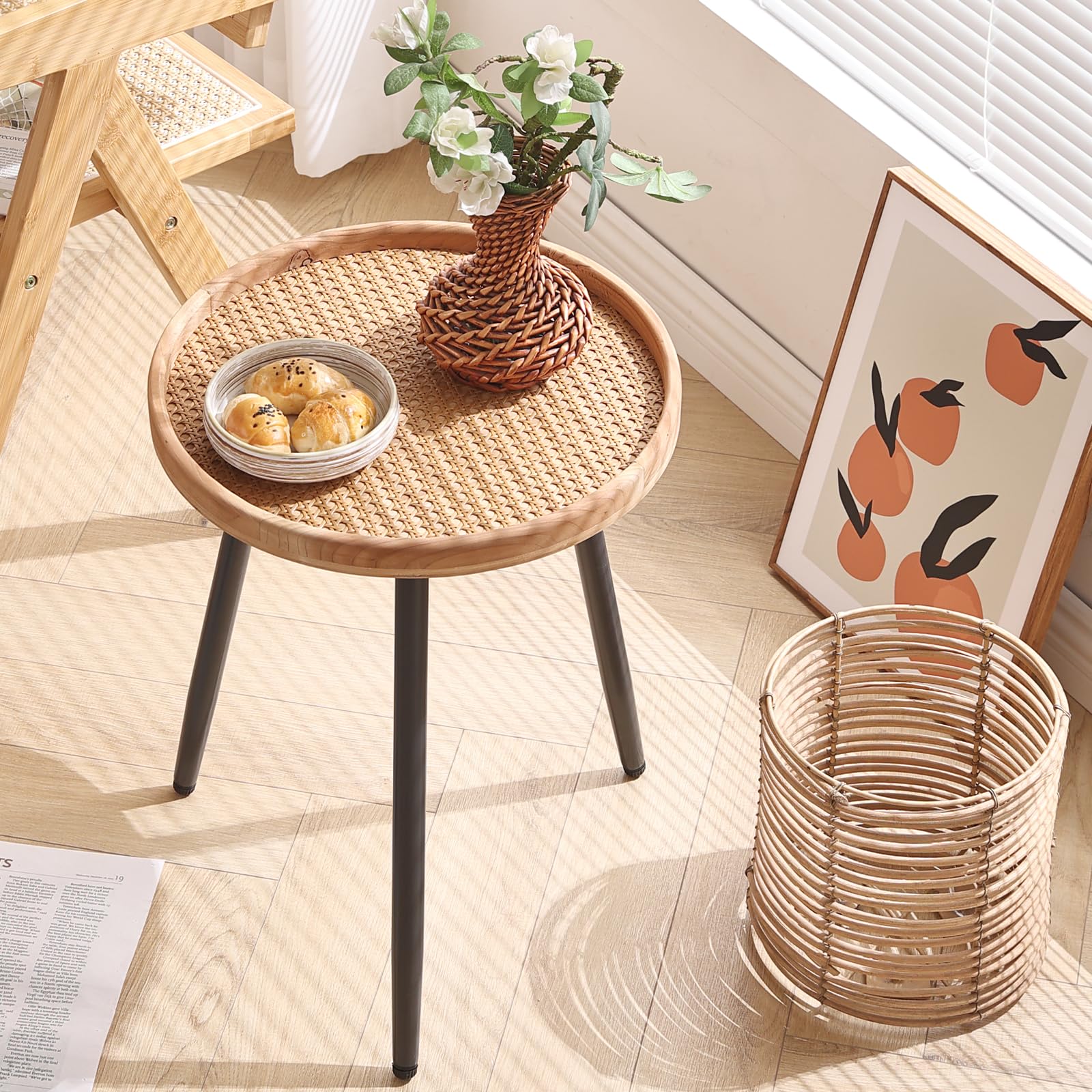 LITA Log Desktop Round Side End Table, Indoor Outdoor Wooden Tray Nightstand Table with Metal Stand for Living Room Bedroom Office Small Spaces (M)