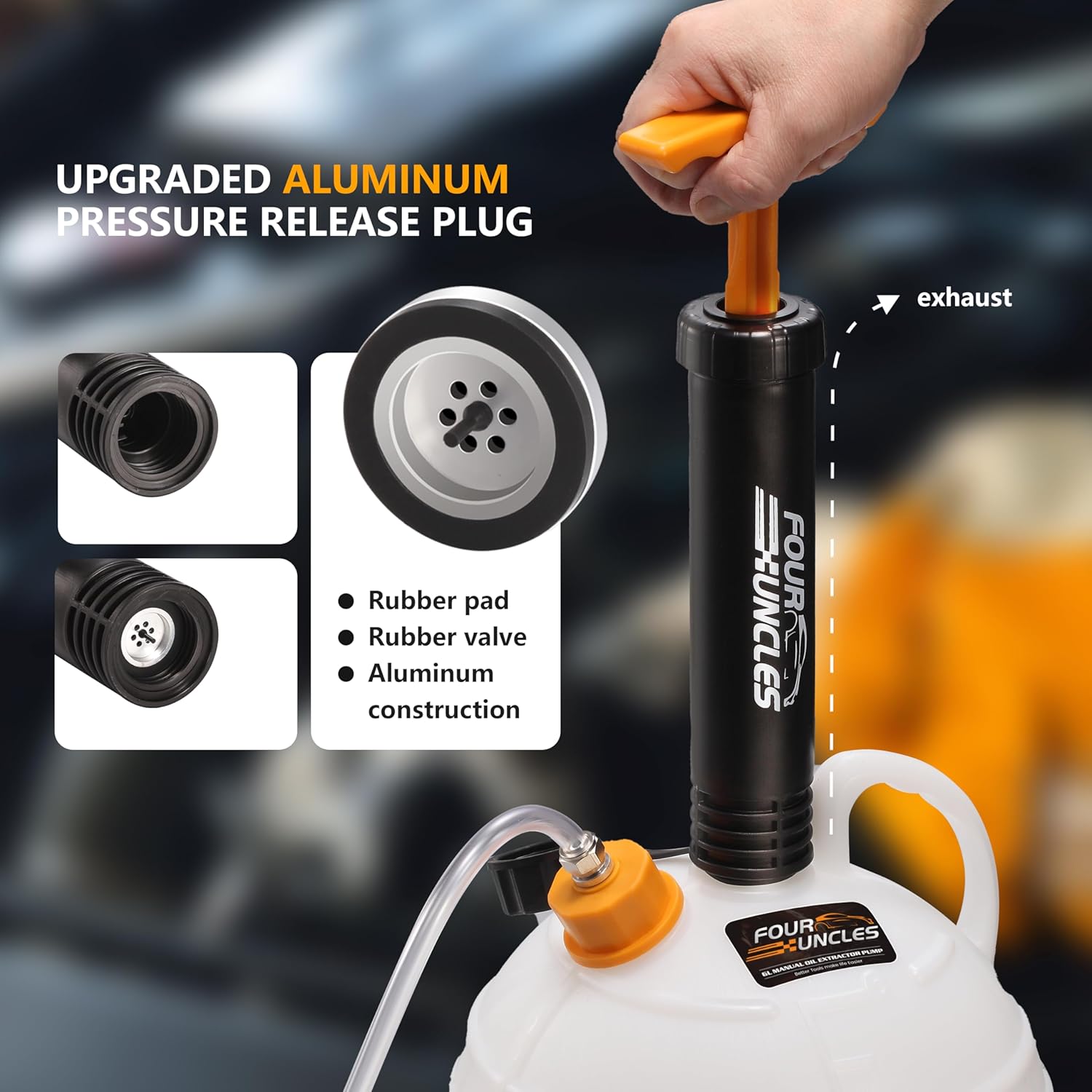 FOUR UNCLES 6L Manual Oil Extractor Pump - Fluid Extractor with 59" Main Hose, Three 41" Extension Tubes for Automotive Oil Change, a Brake Bleeding Hose for Brake Fluid Change