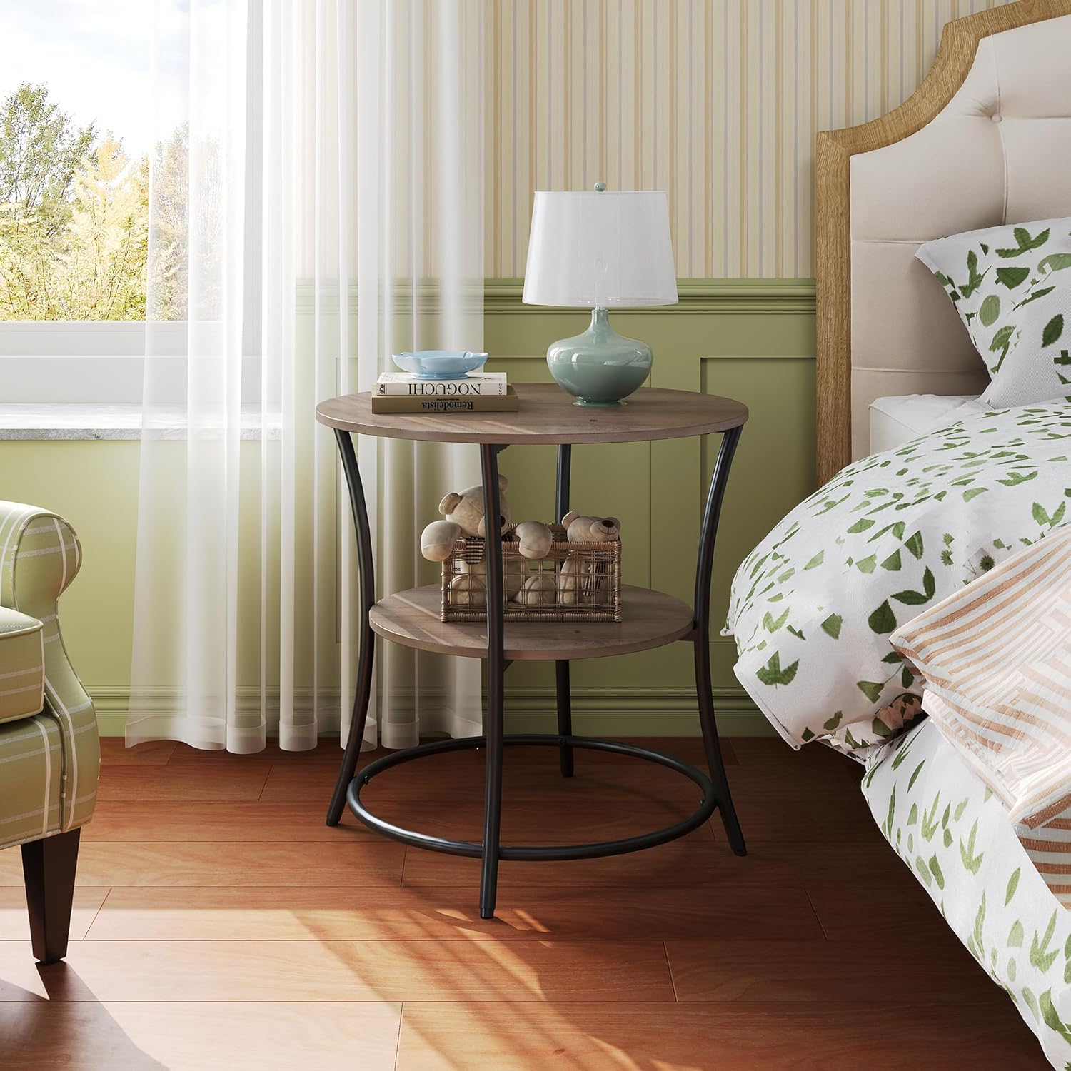 WLIVE Side Table, Round End Table with 2 Storage Shelves for Living Room, Bedroom, Nightstand with Steel Frame for Small Spaces, Accent Coffee Table, Greige