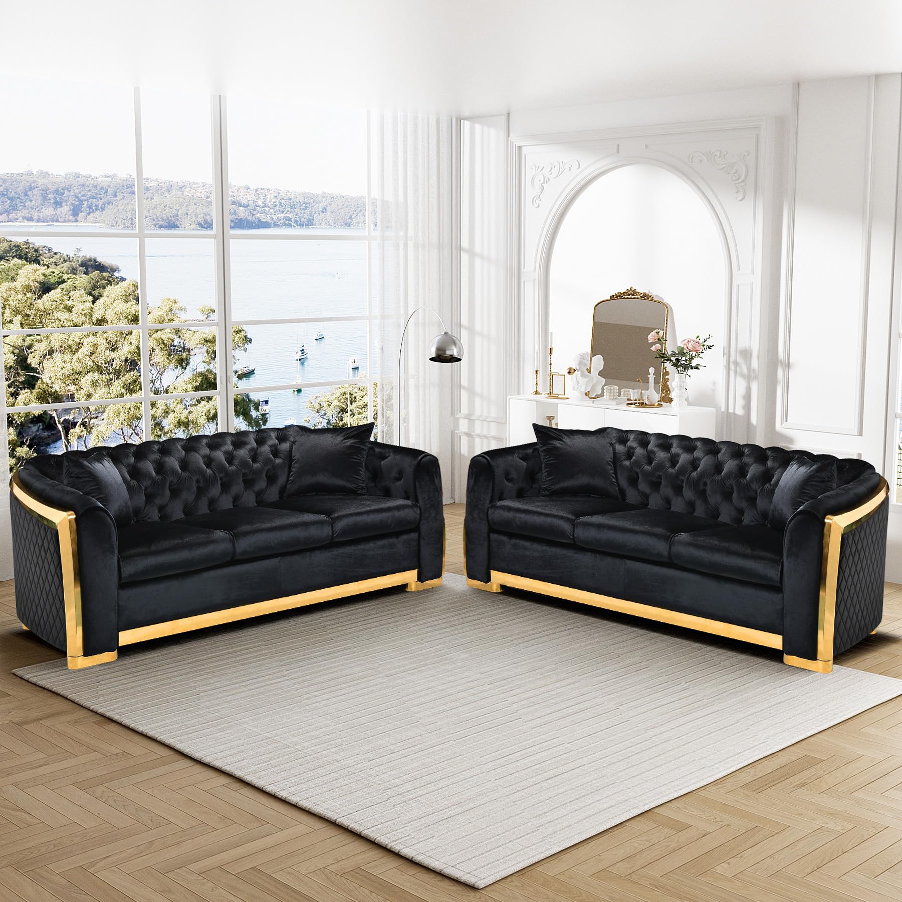 Mid Century Modern Chesterfield Sofa Couch, 81" Velvet Couch White and Gold Sofa Luxury Curved Loveseat for Living Room, 3 Seat Tufted Sofas with 2 Pillows & Classic Gold Legs, Beige White