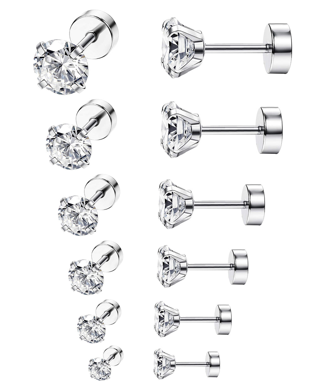 ORAZIO 6Pairs Hypoallergenic Flat Back Earrings 316L Stainless Steel Studs for Sensitive Ears, 3-8mm Cubic Zirconia, Stylish Jewelry for Women Men - Silver