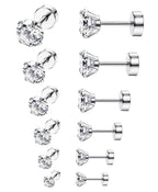 ORAZIO 6Pairs Hypoallergenic Flat Back Earrings 316L Stainless Steel Studs for Sensitive Ears, 3-8mm Cubic Zirconia, Stylish Jewelry for Women Men - Silver