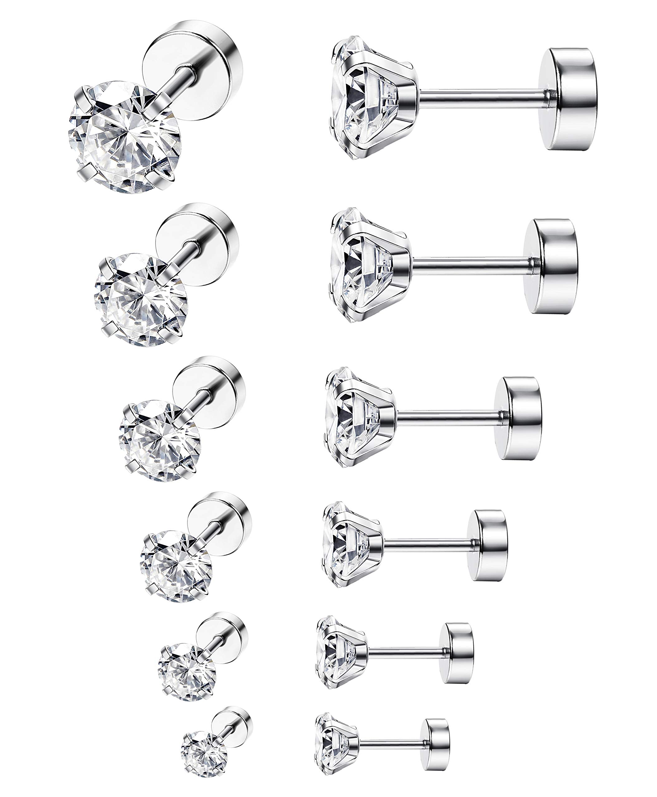 ORAZIO 6Pairs Hypoallergenic Flat Back Earrings 316L Stainless Steel Studs for Sensitive Ears, 3-8mm Cubic Zirconia, Stylish Jewelry for Women Men - Silver