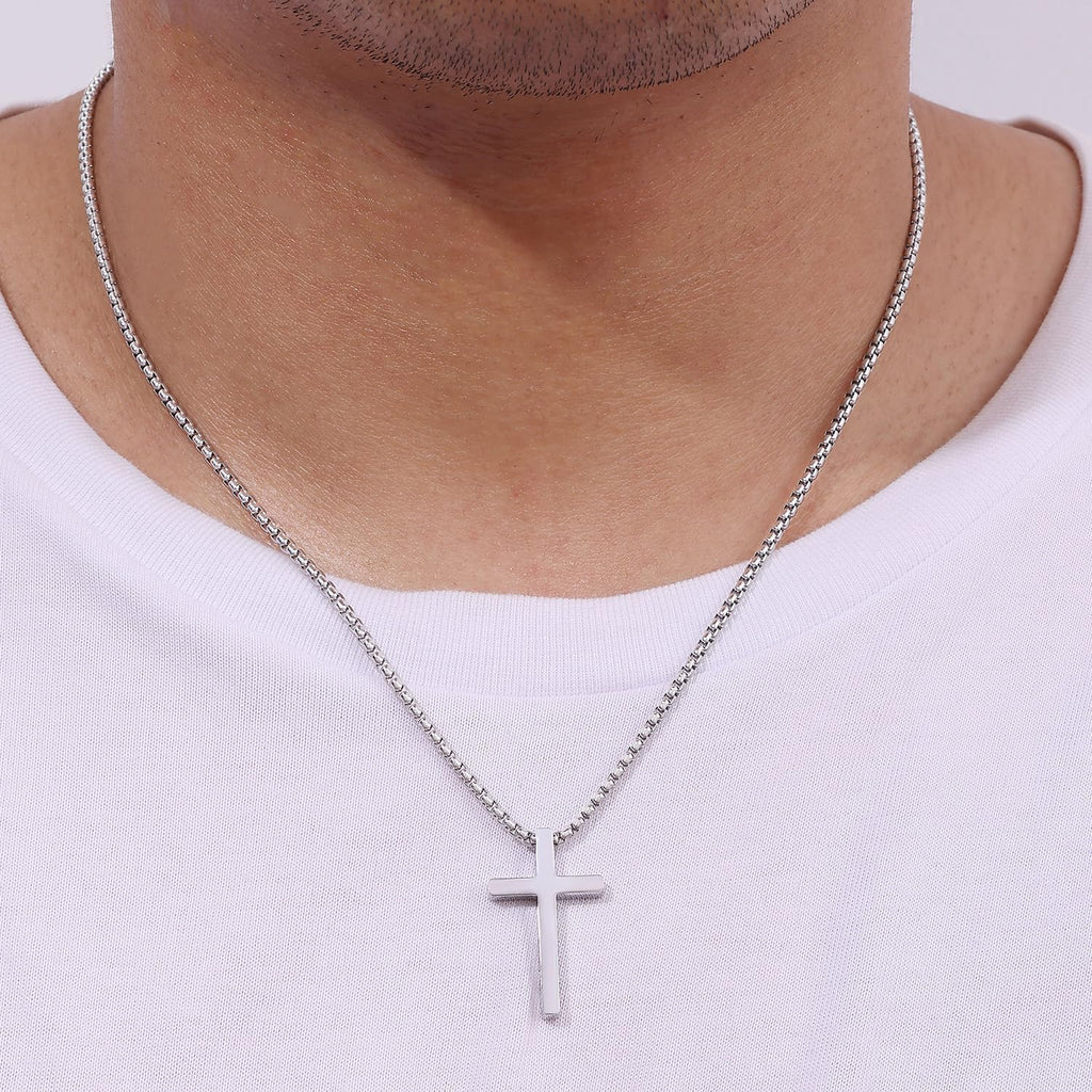 Fiusem Cross Necklace for Men, Silver/Gold/Black Mens Cross Necklaces with 2.5mm Cross Chain and Stainless Steel Cross Pendant, Box Chain 16-24 Inch