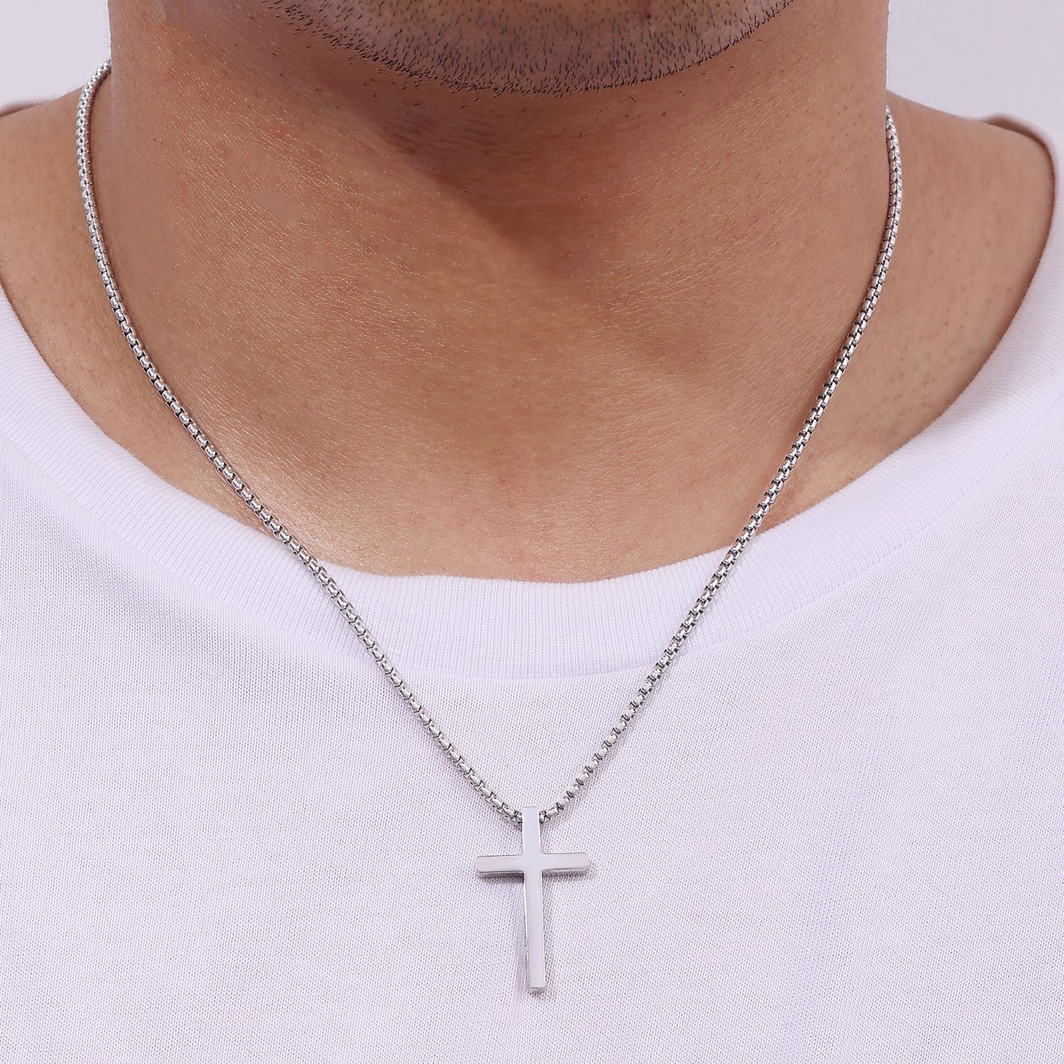 Fiusem Cross Necklace for Men, Silver/Gold/Black Mens Cross Necklaces with 2.5mm Cross Chain and Stainless Steel Cross Pendant, Box Chain 16-24 Inch