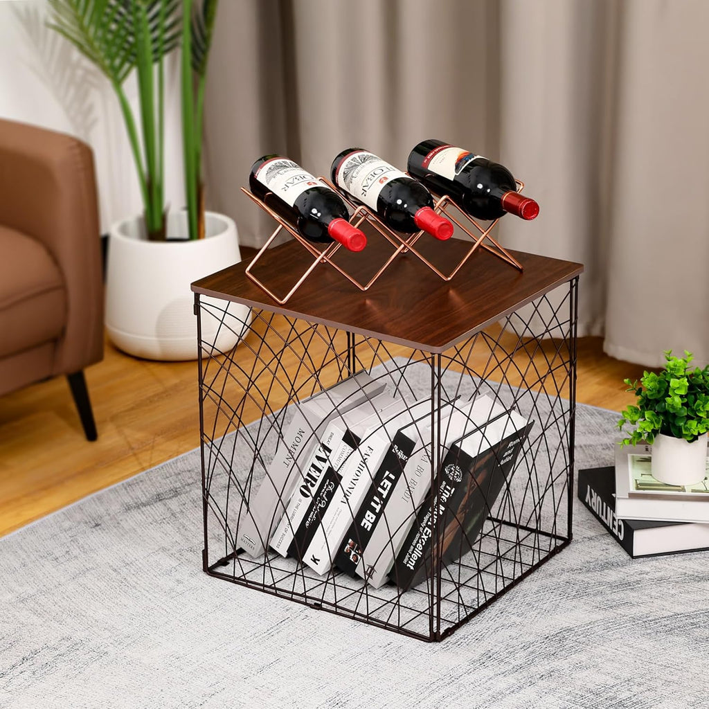 Small Coffee Table Storage, Square End Tables Blanket Basket with Lid for Living Room Folding Storage Side Table 1 Pack