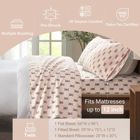 Sleep Philosophy True North Cozy Flannel Warm 100% Cotton Sheet - Novelty Print Animals Stars Cute Ultra Soft Cold Weather Bedding Set, Twin, Pink/Grey Snowflakes 3 Piece