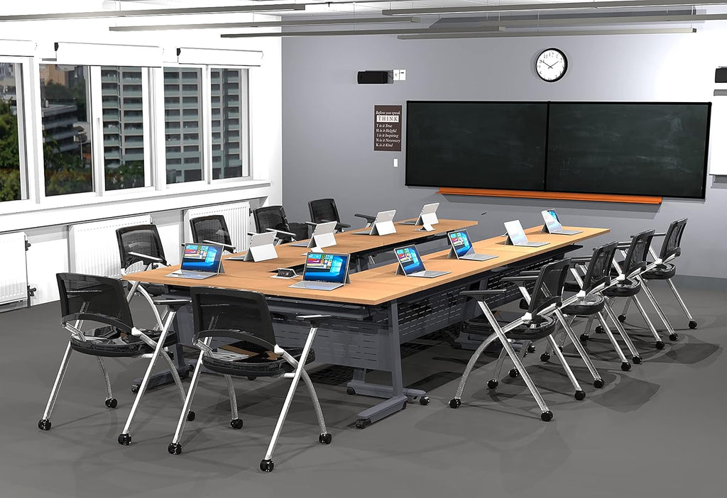 10 Person Tables Training Meeting Seminar Classroom Model 5602 15pc Beech Folding Industrial Caster Z-Base. Tables Connect. Modesty Panel, Shelf, Power+USB Outlet. Fold+Nest (Seating Included).