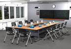 10 Person Tables Training Meeting Seminar Classroom Model 5602 15pc Beech Folding Industrial Caster Z-Base. Tables Connect. Modesty Panel, Shelf, Power+USB Outlet. Fold+Nest (Seating Included).
