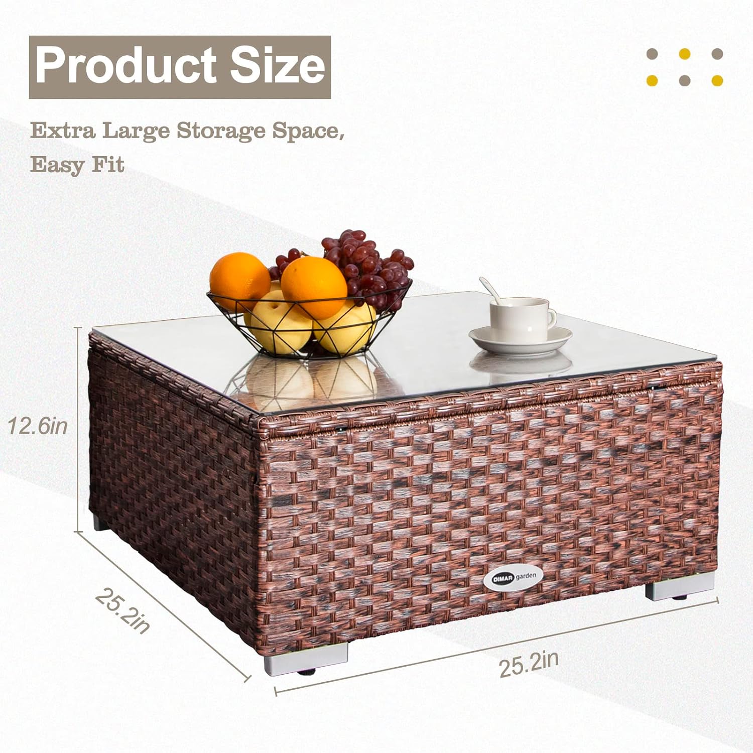 DIMAR GARDEN Outdoor Coffee Table Wicker Patio Side Table with Glass Top, 25.2in Mixed Brown