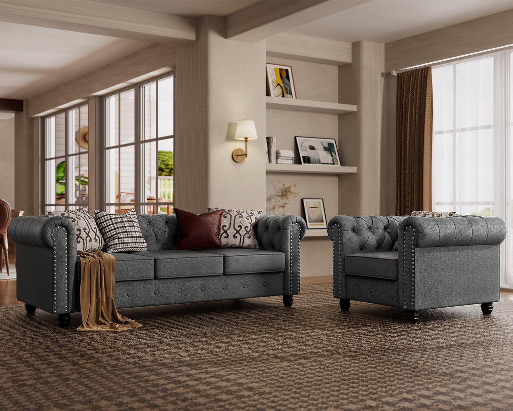 Morden Fort Classic Chesterfield Sofa Set 82'', Tufted Sofa Couch Set with Solid Wood Legs Thick Cushion, Pet-Friendly 3-Seater Sofas Couches for Living Room Bedroom Apartment - Velvet Beige