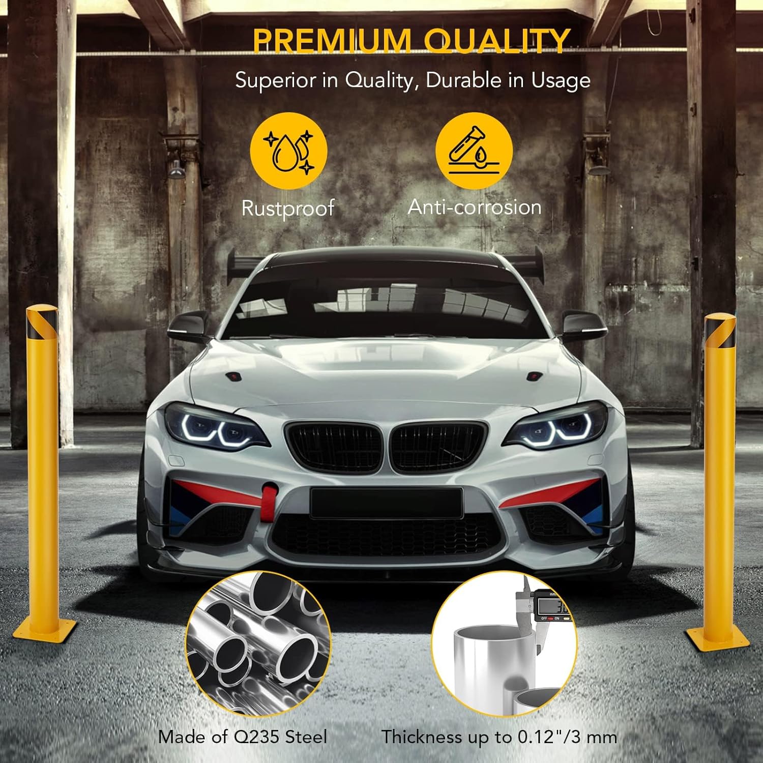 Safety Bollard 4 Packs, 42 Inch Height Steel Bollard Post for Parking Lot, 4.5 Inch Diameter Pipe, Yellow Safety Bollard Post with 16 Anchor Bolts, Ideal for Traffic-Sensitive Areas, Driveway Barrier