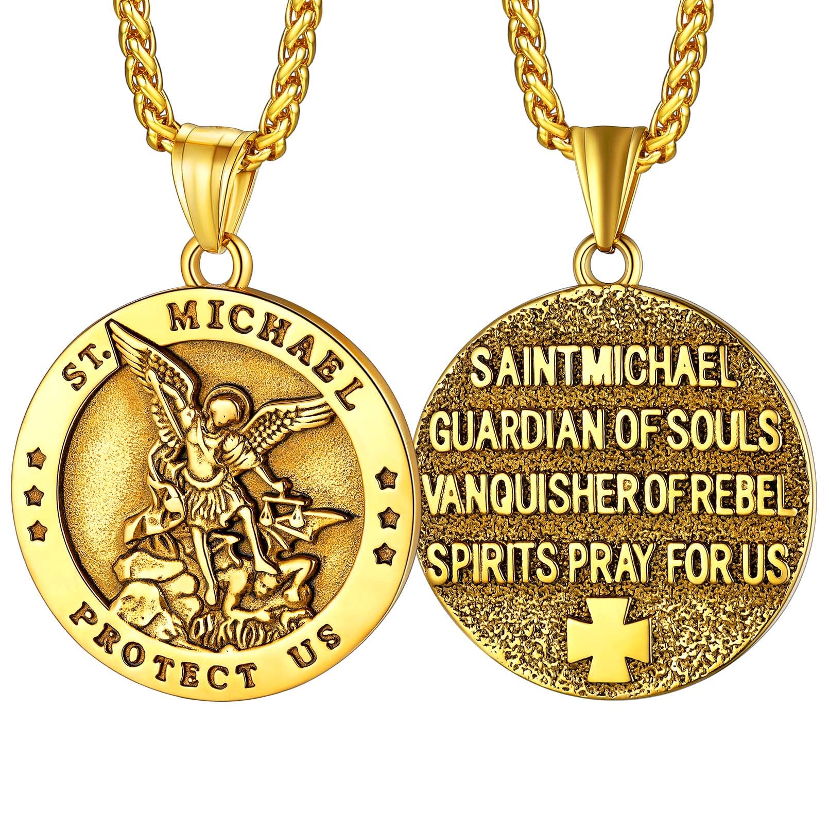 FaithHeart Saint Michael Necklace, Stainless Steel/18K Gold Plated St Michael the Archangel Pendant Amulet for Men Women with Gift Packaging