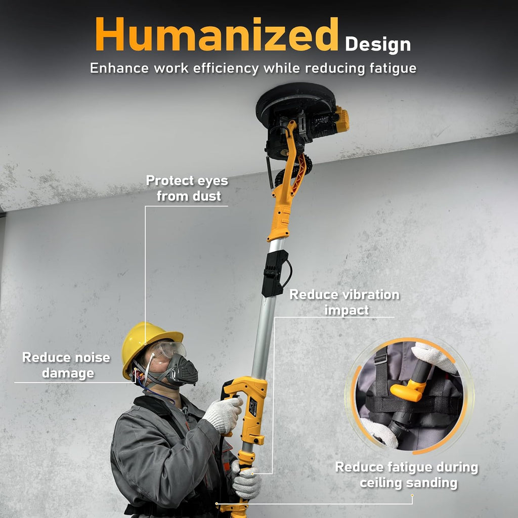 GEVEELIFE Drywall Sander, 880W 7.33A Electric Drywall Sander with Vacuum Dust Collector, 5 Variable Speed 1000-2100RPM, LED Light, Foldable & Extendable Handle, 12 Sanding Discs