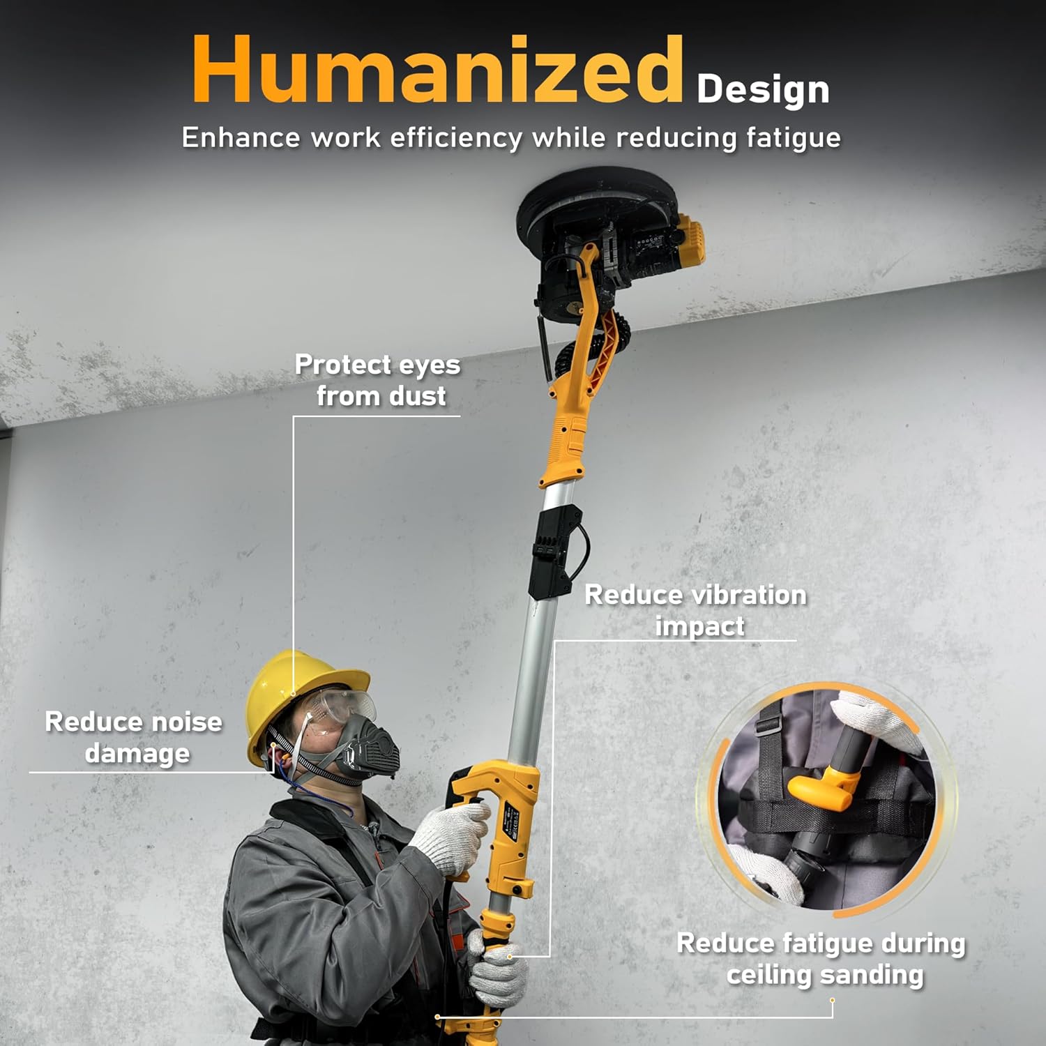 GEVEELIFE Drywall Sander, 880W 7.33A Electric Drywall Sander with Vacuum Dust Collector, 5 Variable Speed 1000-2100RPM, LED Light, Foldable & Extendable Handle, 12 Sanding Discs