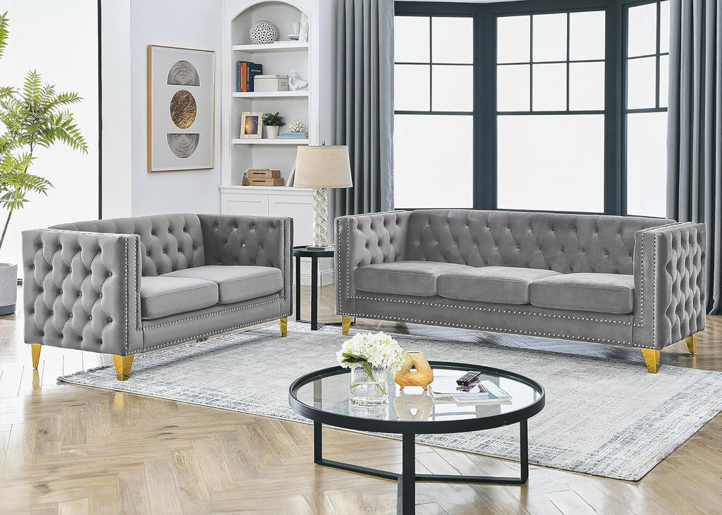 Chesterfield Sofa,Oversized Velvet Sofa Couch,Deep Seat 3 Seater Sofa,Modern Sofa Chair with Button Nailhead,Upholstered Futon Couches,Furniture for Living Room,Bedroom,Office(Grey)