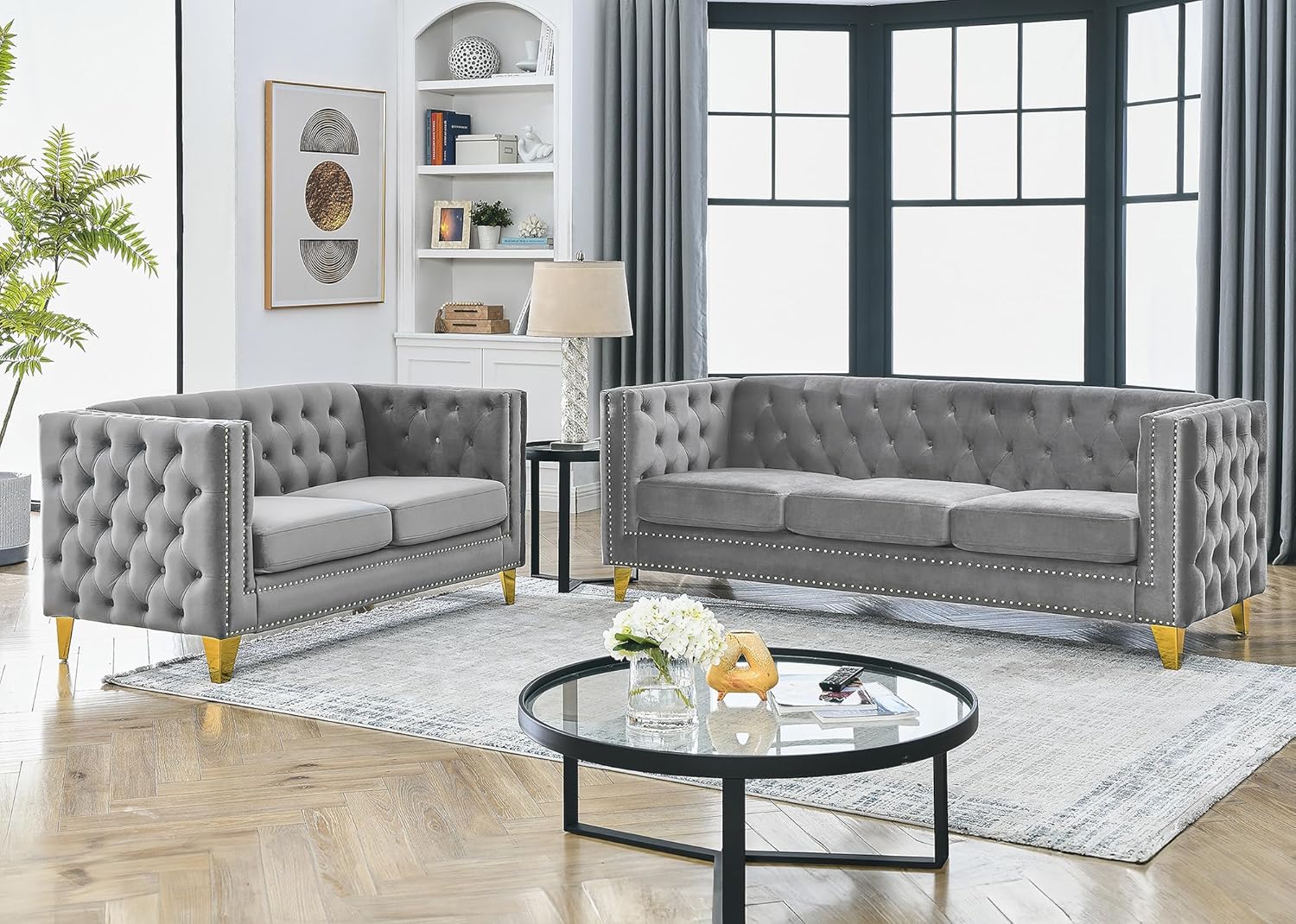 Chesterfield Sofa,Oversized Velvet Sofa Couch,Deep Seat 3 Seater Sofa,Modern Sofa Chair with Button Nailhead,Upholstered Futon Couches,Furniture for Living Room,Bedroom,Office(Grey)