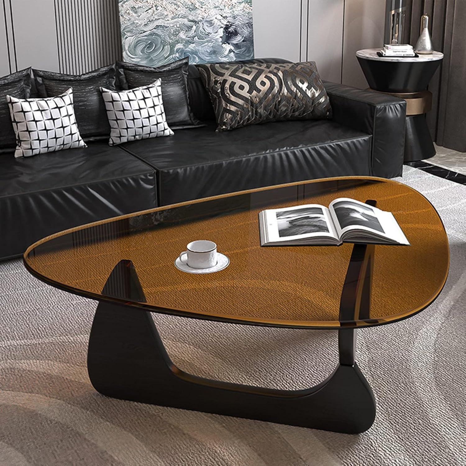 Triangle Glass Coffee Table-Mid-Century Modern End Table Solid Wood Base & Vintage Tempered Transparent Glass Top Coffee Tables Living Room Balcony (Black/Brown, Small 32.2 * 22.4 * 16in)