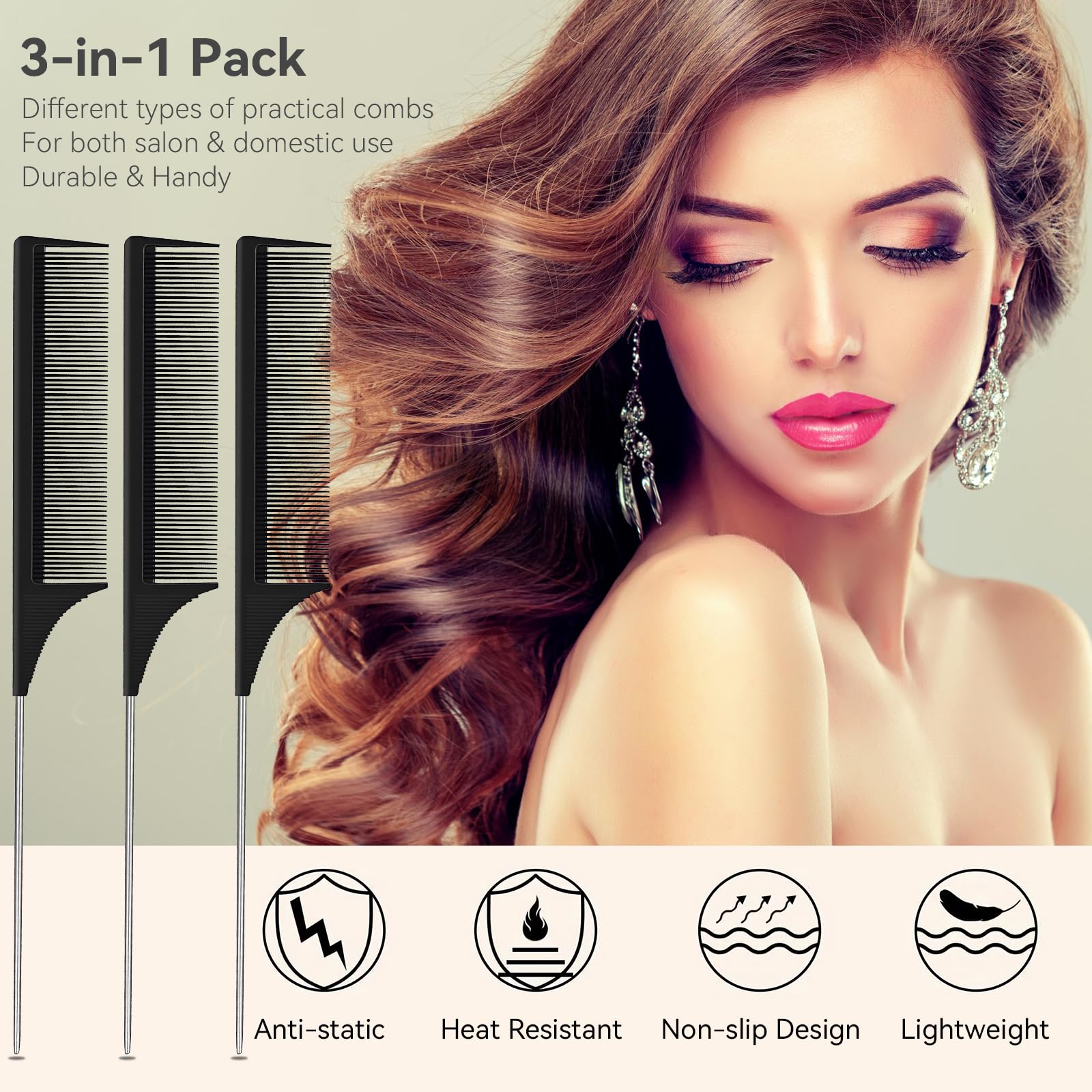 3 Pack Hair Rat Tail Combs Set, Parting Rattail, Teasing Fine Tooth Comb, Metal Hair Pick Detangling, Heat Resistant Carbon Fiber Teasing Comb, and Stainless Steel Pintail(Black)