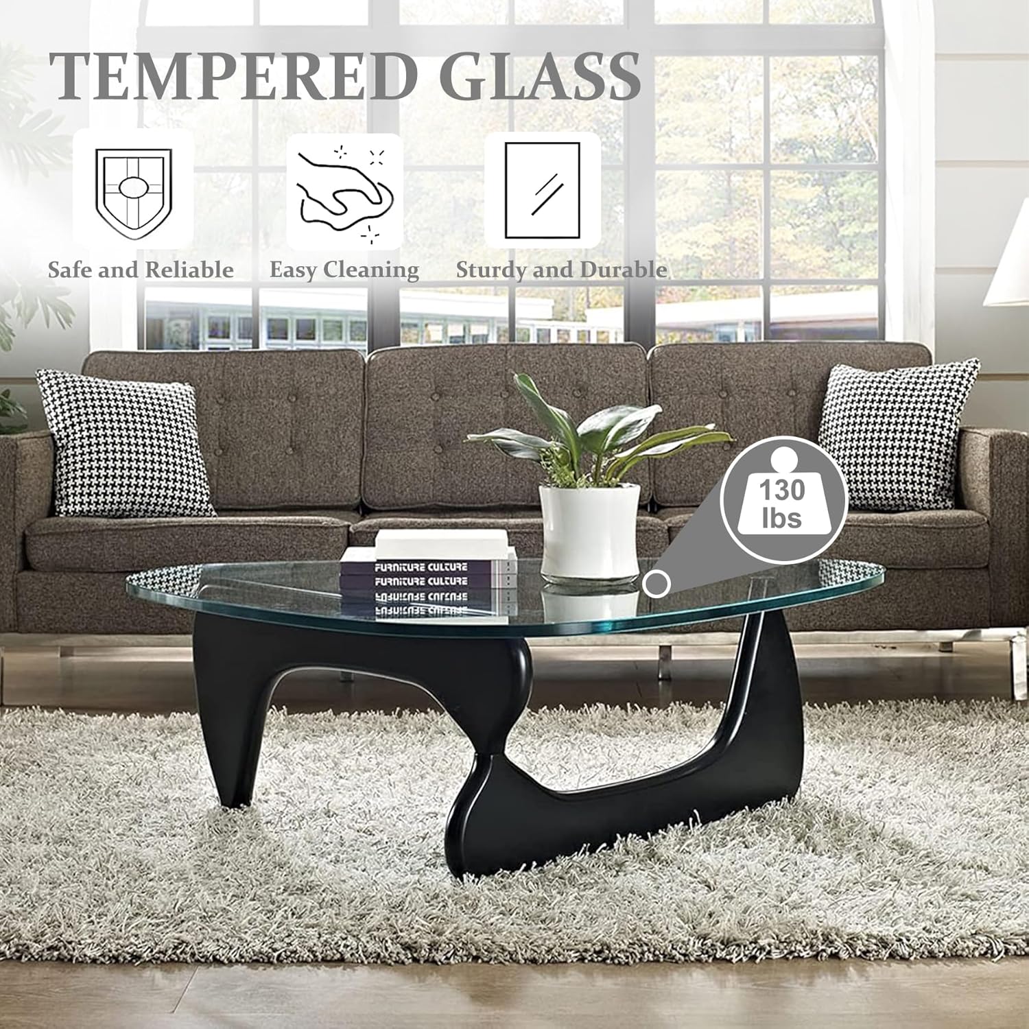 Triangle Glass Coffee Table-Mid-Century Modern End Table Solid Wood Base & Vintage Tempered Transparent Glass Top Coffee Tables Living Room Balcony (Black/Brown, Small 32.2 * 22.4 * 16in)