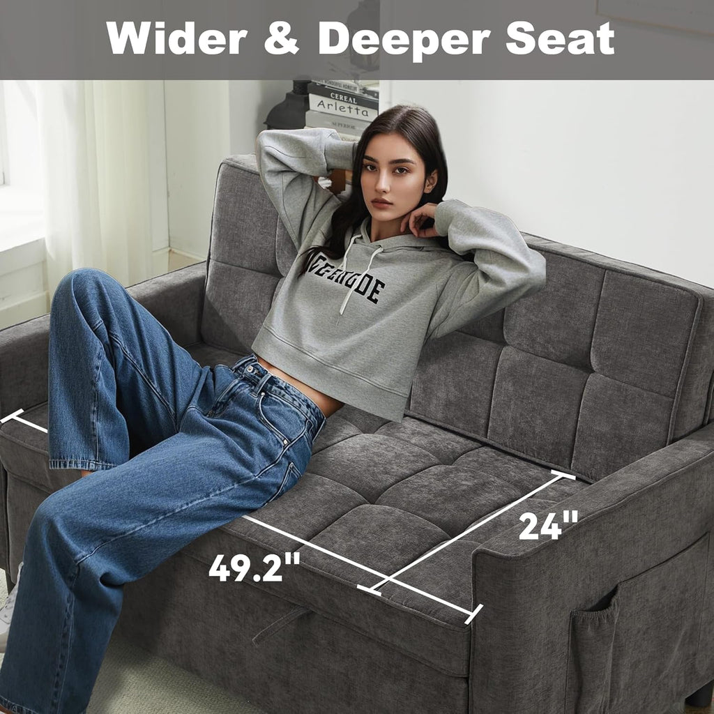 Tbfit 57" Convertible Sofa Bed, Chenille Futon Sleeper Sofa Couch with Pullout Bed, USB & Adjustable Backrest, Queen Size Pull Out Loveseat Couches for Living Room, Apartment, Office, Dorm, Dark Grey