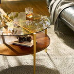 Saint Mossi Glass Round Coffee Table for Living Room, Middle-Century Modern Style, Coffee Brown Glass Top & Walnut Brown MDF Wood Top, with Gold Finish Legs & Frame