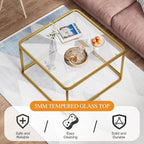 Coffee Table Glass, Minimalist Square Tables for Living Room, Modern Center Table for Office or Small Space, Tempered Glass, Sturdy Metal Frame, Easy Assembly, 26.4 x 26.4 x 15.7 Inches, Gold