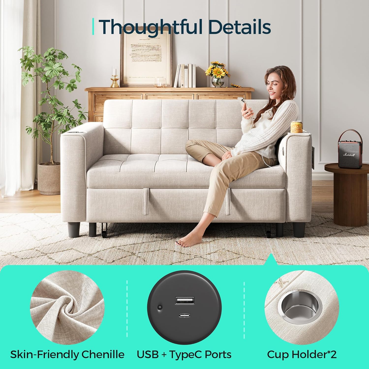 LINSY 3-in-1 Convertible Sofa Bed, Pull Out Sleeper Sofa with Charging Station & Cup Holder, Folding Loveseat with Side Pocket for Living Room, Apartment (Beige)