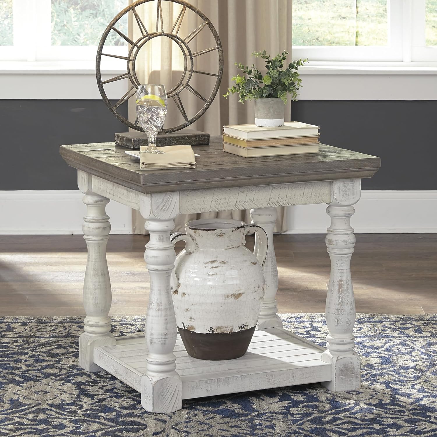 Signature Design by Ashley Havalance Farmhouse Square End Table with Floor Shelf, Vintage Gray & White with Weathered Finish