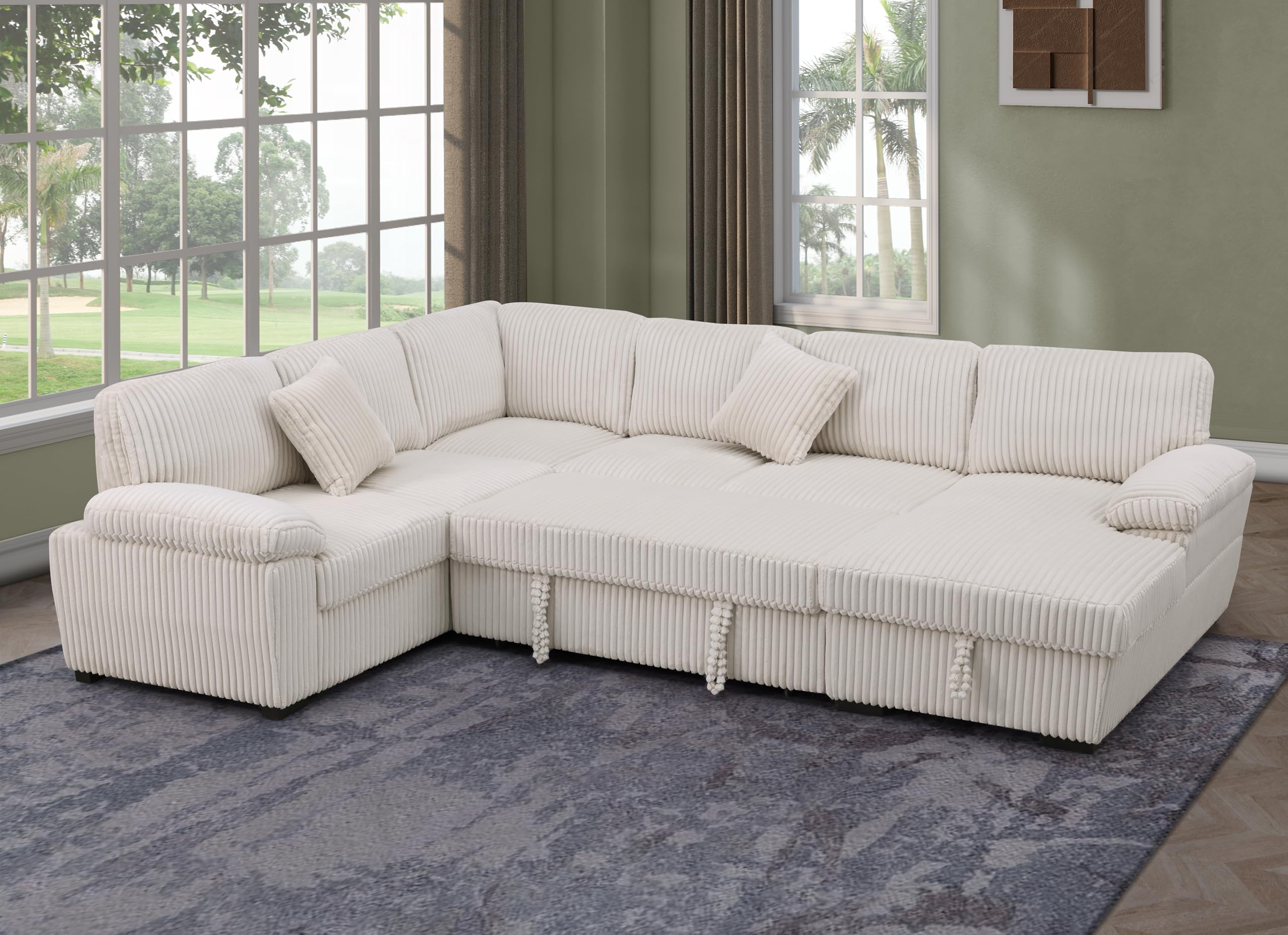 Oversized U-Shaped Sleeper Sectional Sofa Modern Fluffy Corduroy Upholstered Corner Convertible Sofabed with Pull Out Sleeper Couch Bed ,Storage Left Chaise and Pillows for Living Room Furniture Sets