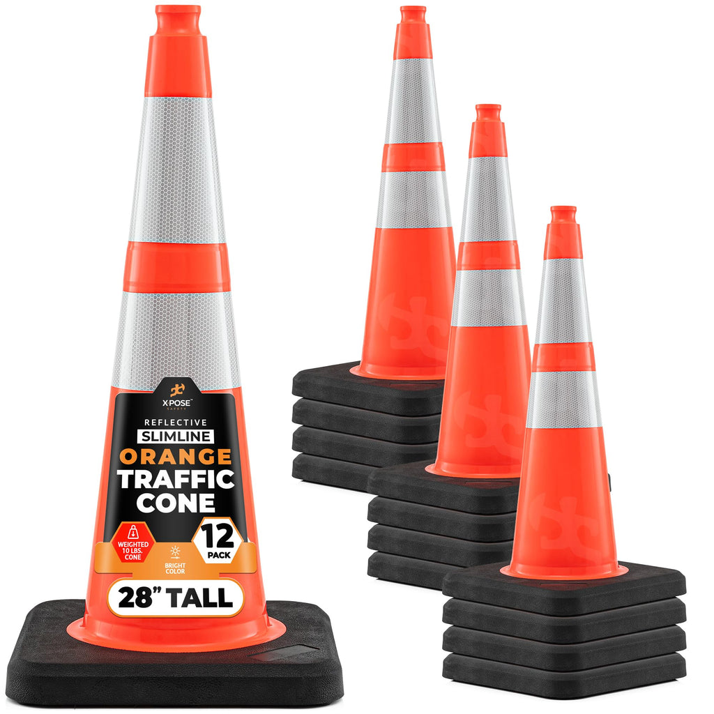 Xpose Safety 28 Inch Orange Slim Line Traffic Cones with 6" & 4" Collars, 24 Pack Multipurpose PVC Plastic Safety Cone for Parking, Soccer, Caution, Kids & Construction - DOT Approved