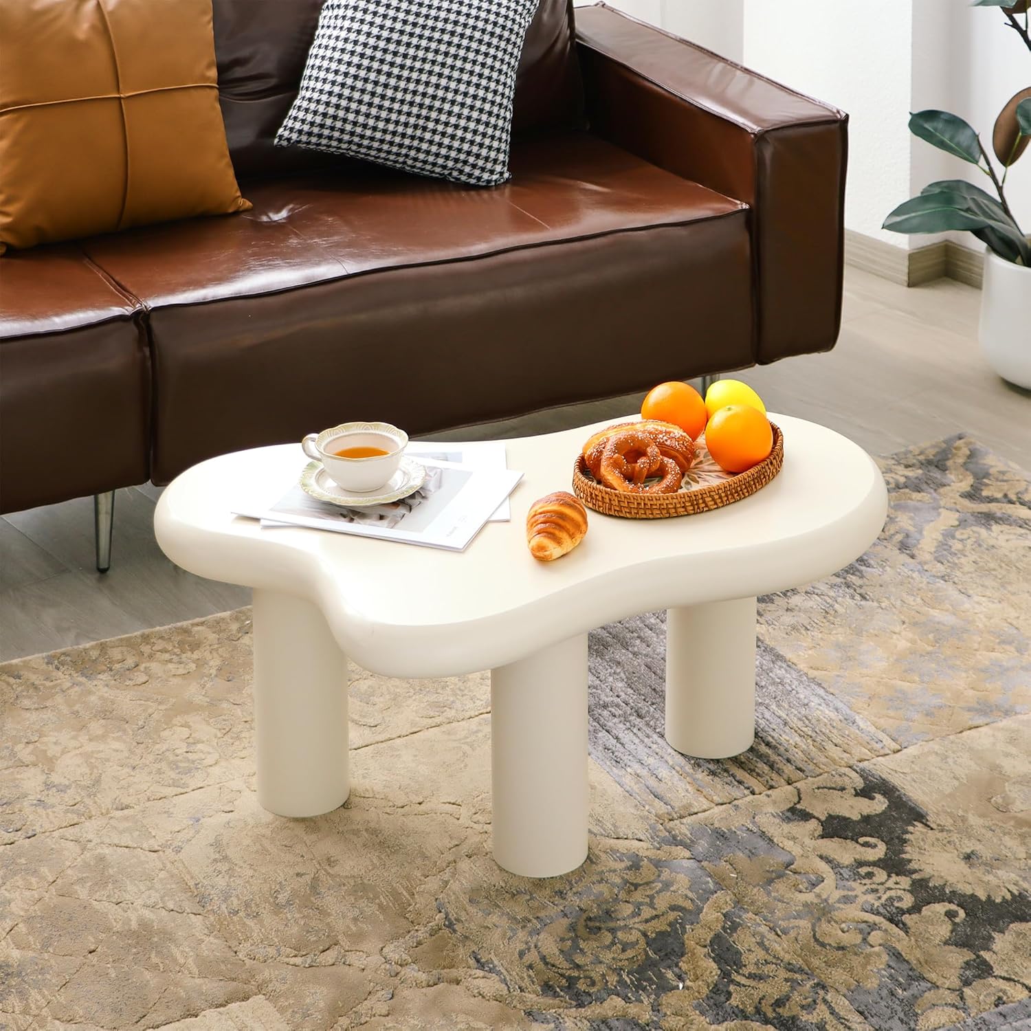 34"(L) Cloud Coffee Table, Modern Wood Coffee Table for Living Room, Accent Unique Center Tables with 3 Legs, Small Tea Tables for Balcony, Patio, Bedroom, Cream White