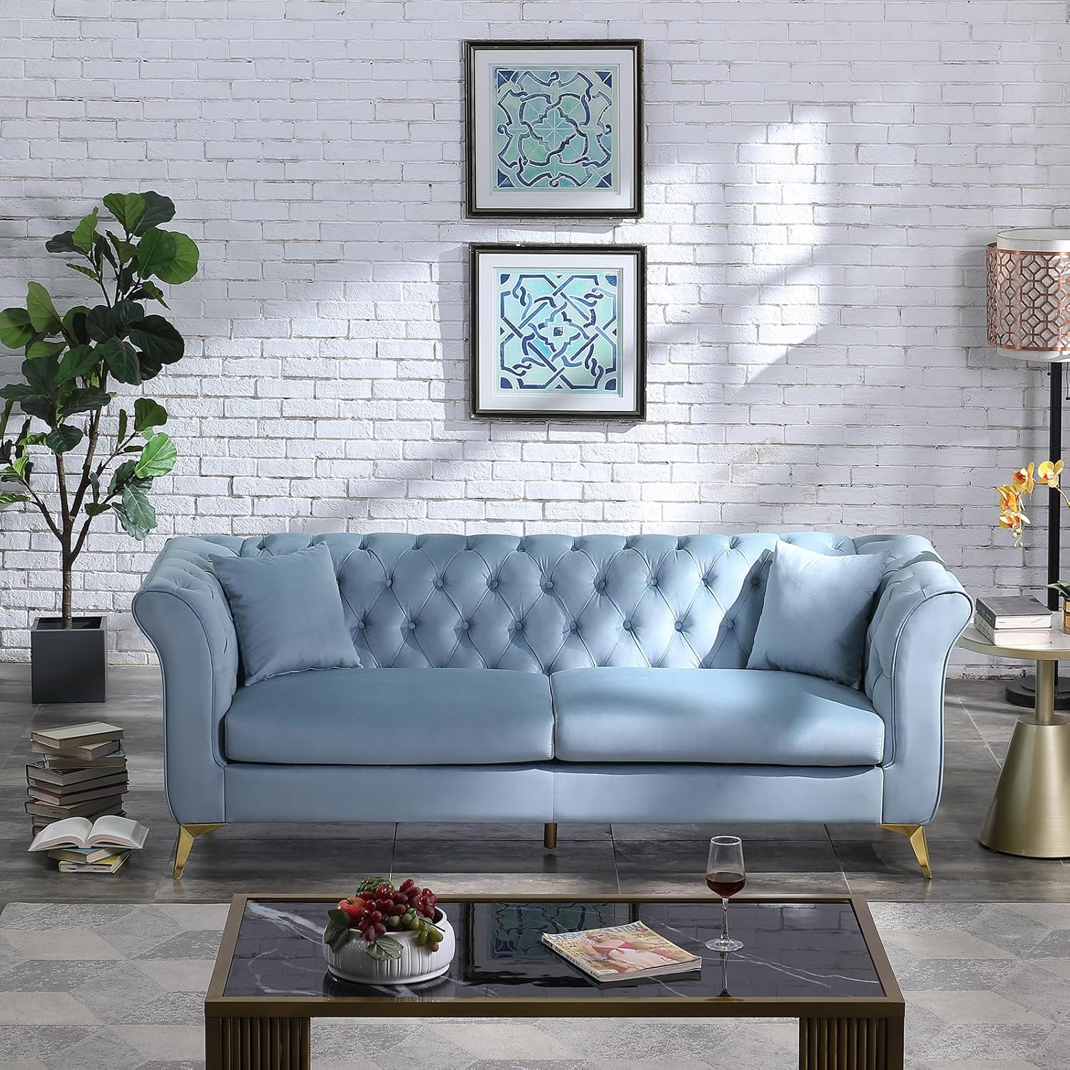 Chesterfield Sofa Couch, 87" Blue Modern Couch with Deep Seats, Velvet Fabric Comfy Sofas, Mid-Century 3 Seater Couch with Wide Armrest, Couches for Living Room, Bedroom and Office